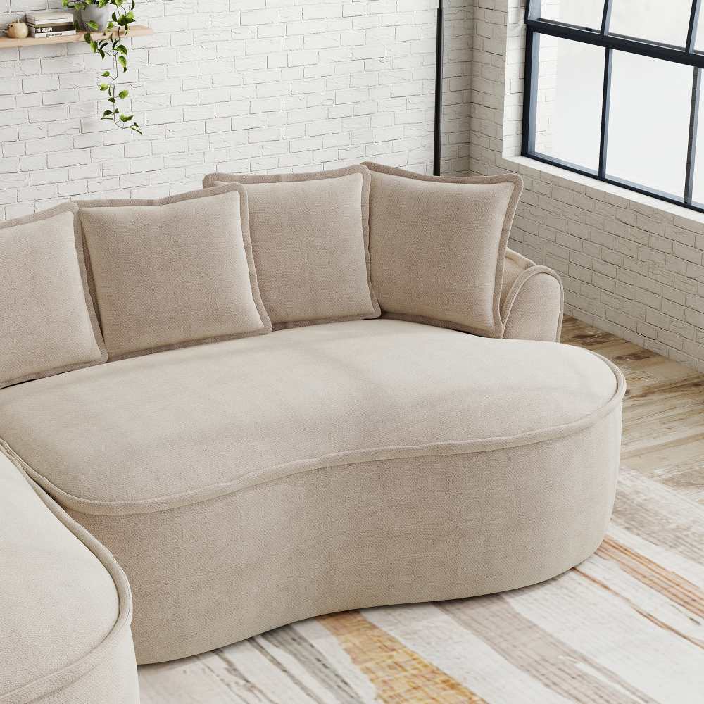 Canapé d’angle modulaire 3 places en tissu chenille, sans cadre, design nuage, couleur marron clair, profond, avec méridienne et coussins - 8