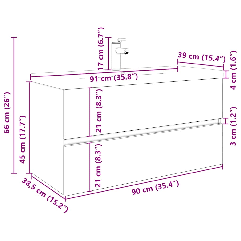 Meuble sous vasque suspendu 90 cm chêne artisanal lavabo céramique avec robinet rangement salle de bain mural – ComfortXL - 3