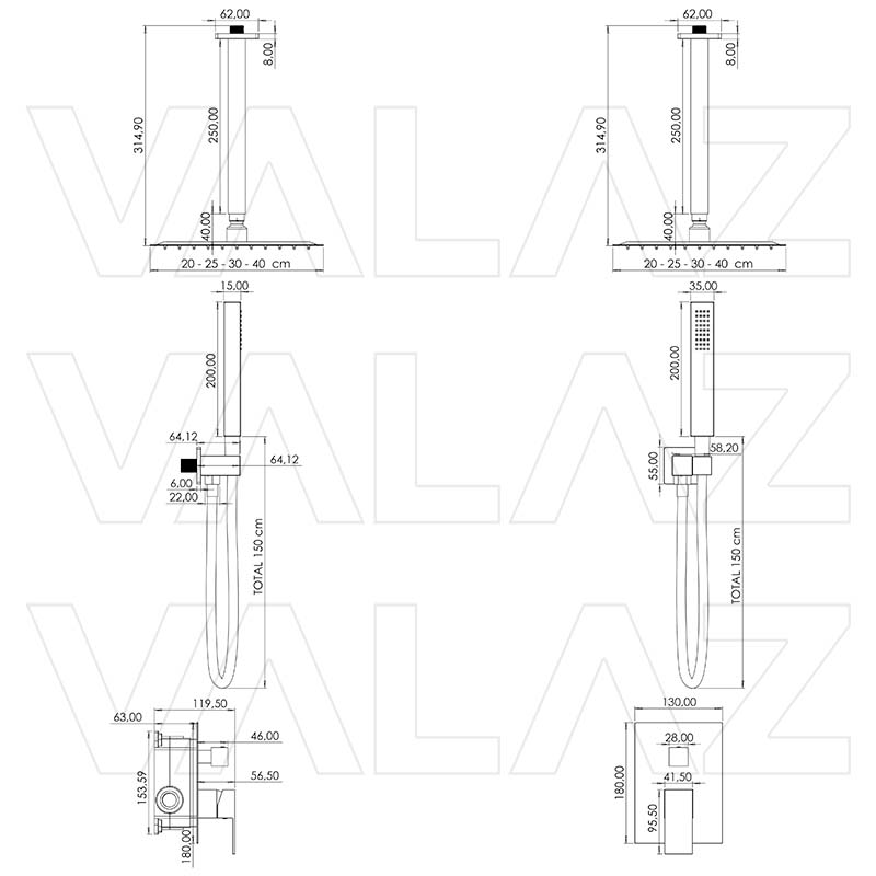 Valaz Douchette carrée à encastrer, noir mat - Série Tajo - 30 cm - 2