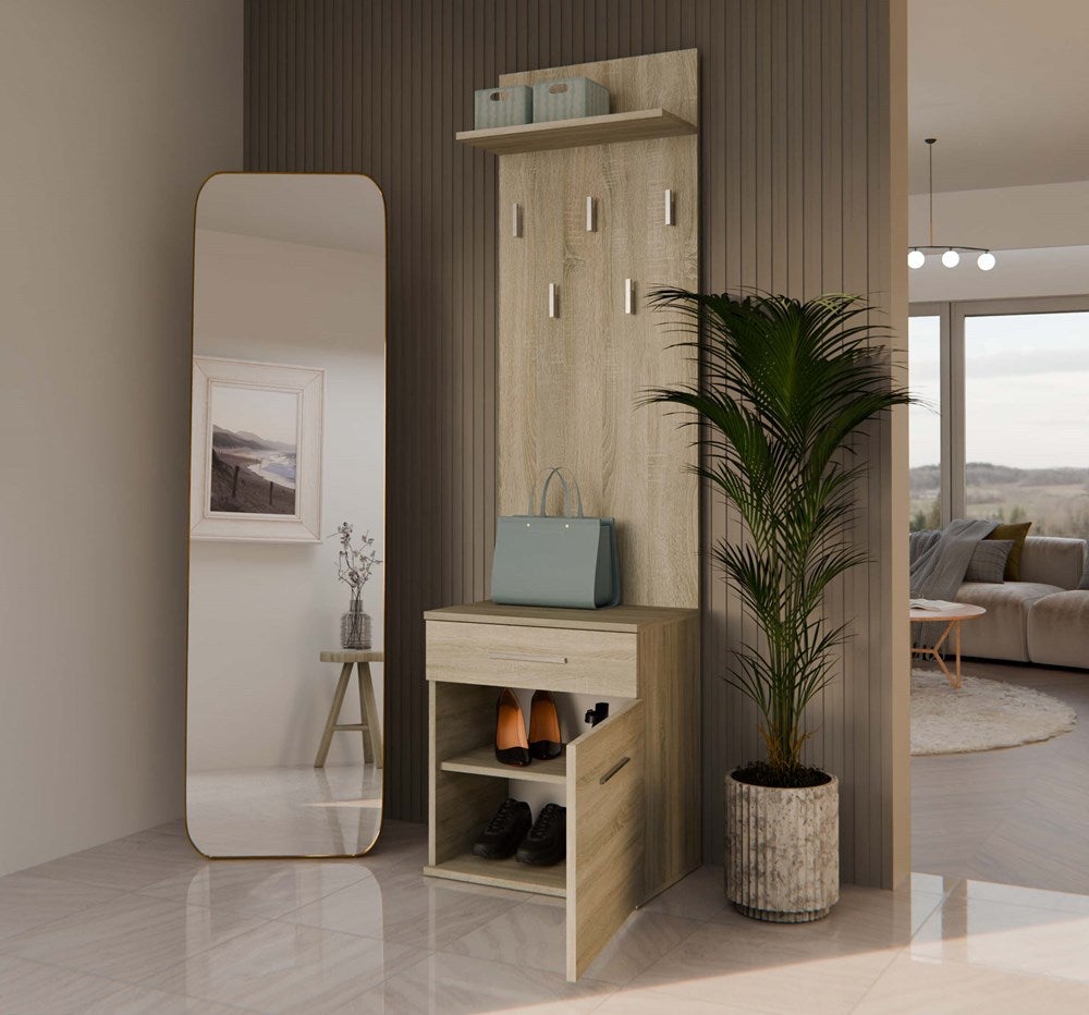 VIONI - Armadio guardaroba ingresso - Appendiabiti a parete con ripiano - 5 ganci - Cassetto + contenitore - 6