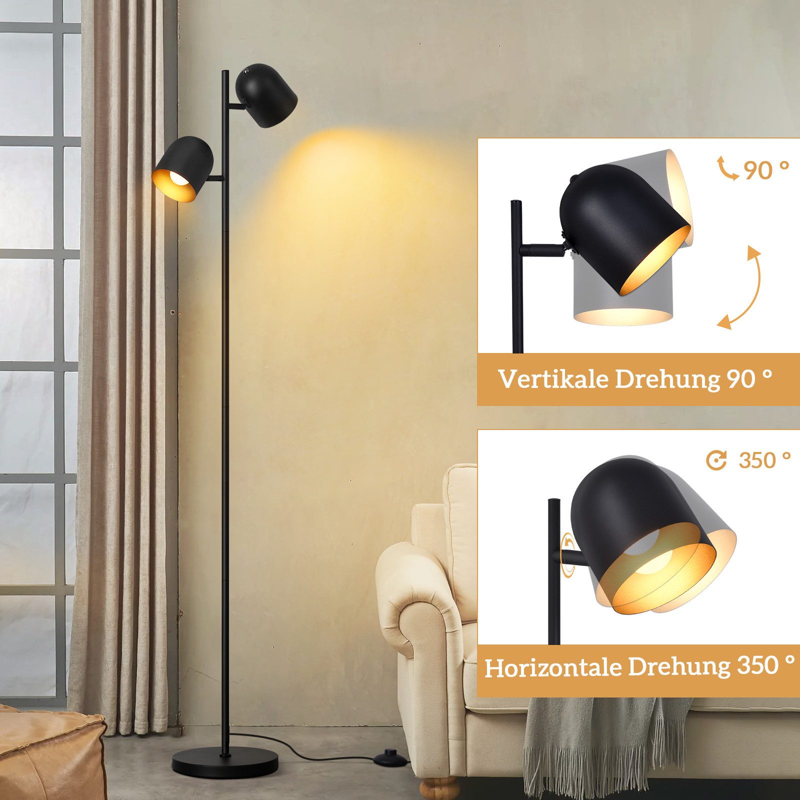 ZMH Lampadaire noir doré E14 Métal Vintage Lampadaire multi-tête 145cm - 7