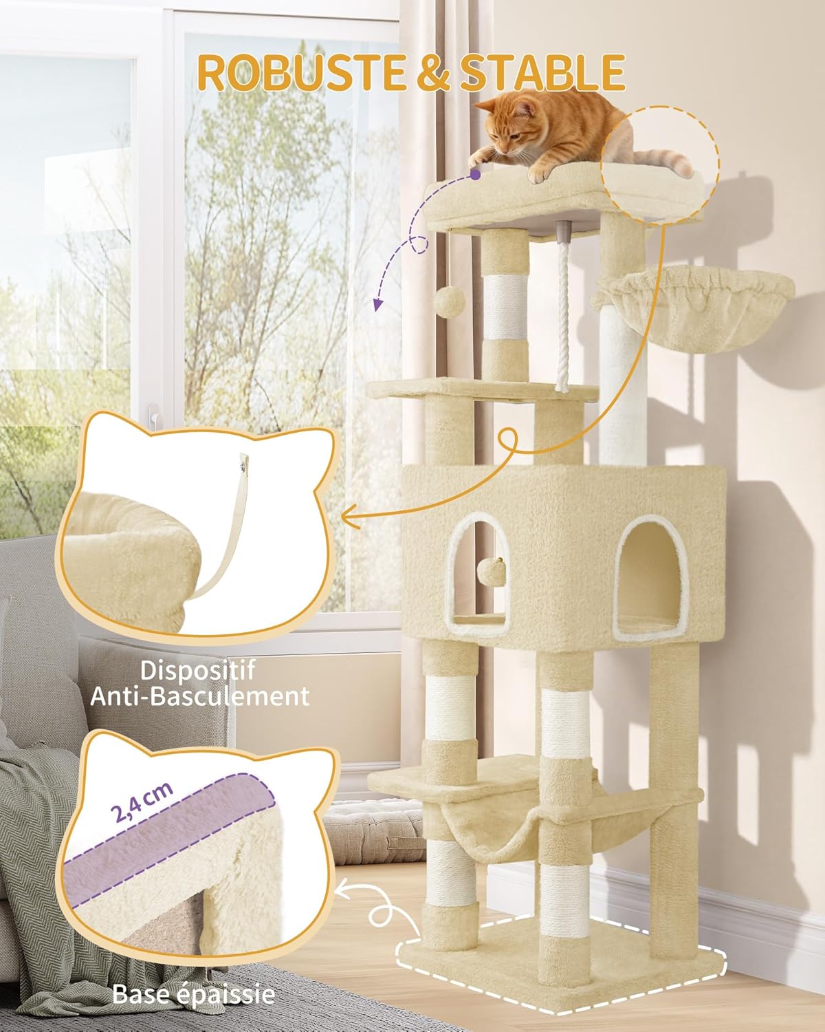 Árvore para Gatos (162 cm de Altura), Torre de Brinquedos, Arranhador com Plataformas Grandes, 5 Postes Arranhadores, 3 Pompons, 1 Rede,Cinza-escuro - 8