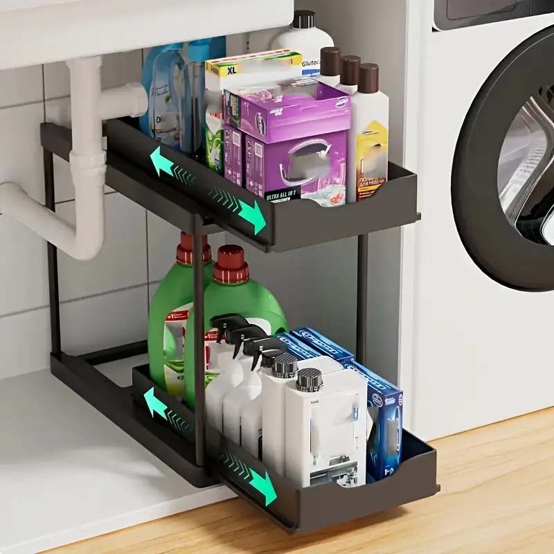 Organisateur sous-évier 2 niveaux coulissant blanc plastique durable, rack H avec roulettes, rangement cuisine salle de bain, épices, ustensiles - 6