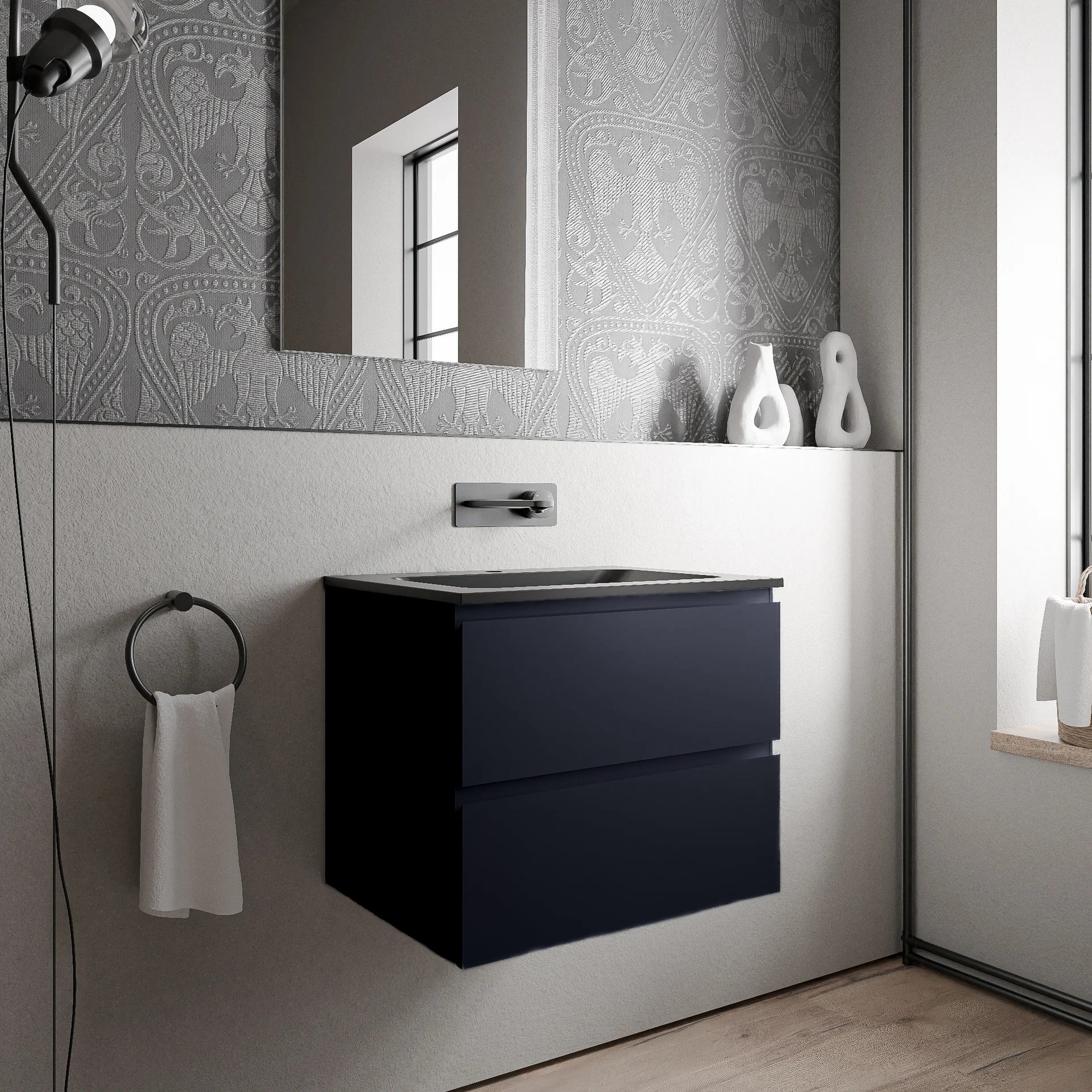 Mobiletto Lavamani Sospeso AVA Nero Carbonio: 40x48x20 Cm Con Lavabo In Ceramica Bianca, Cerniere A Chiusura Progressiva, Design Salvaspazio Per Bagni Piccoli