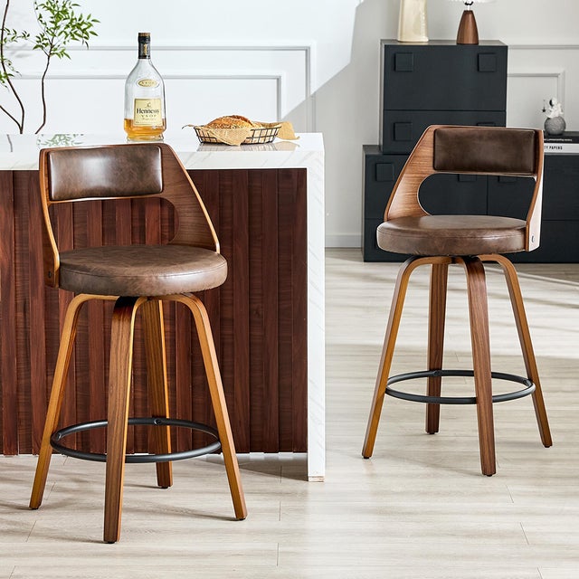 Lot de 2 tabourets de bar avec dossier, structure en bois, cuir PU, 92 cm, tabourets de bar, marron