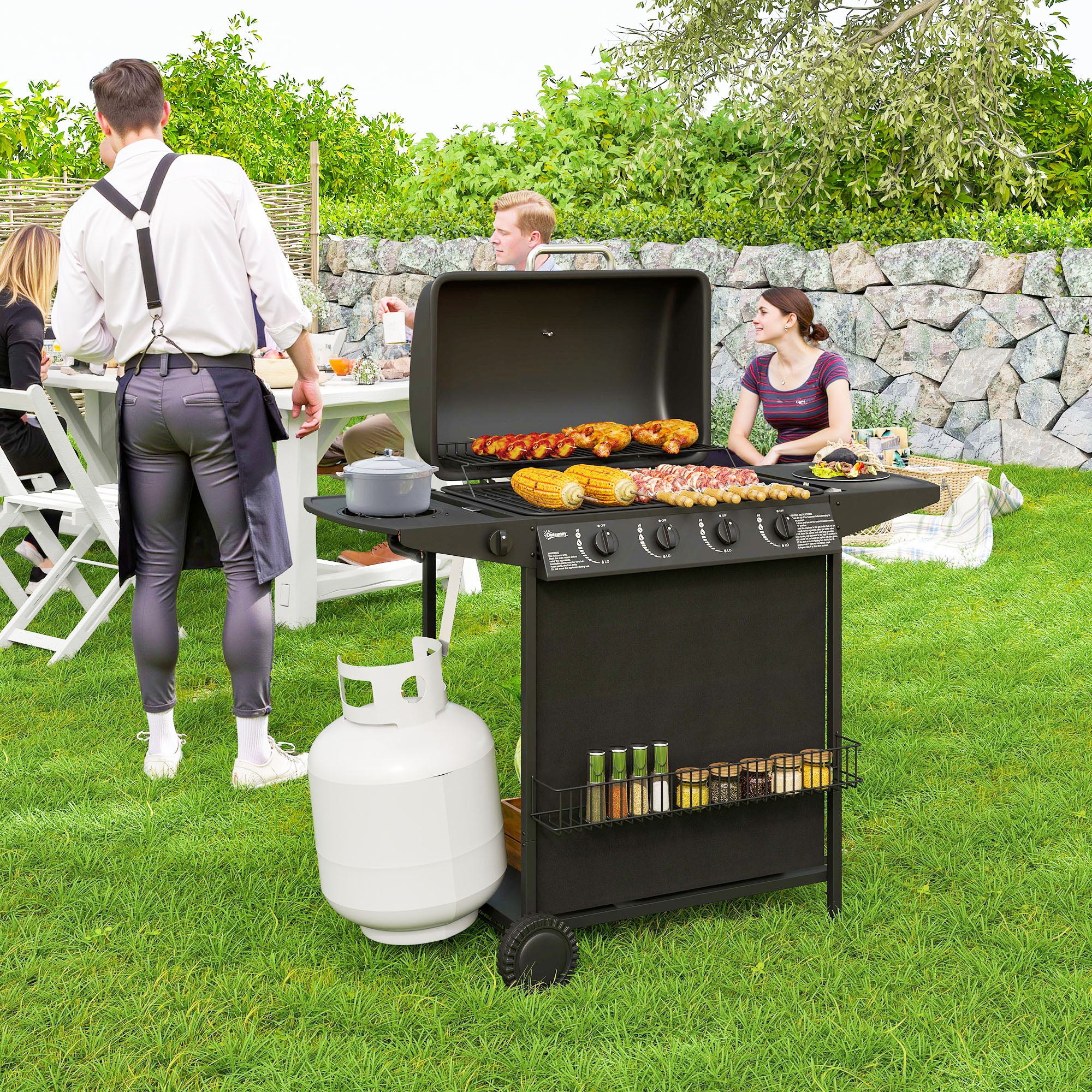 Outsunny Barbecue a Gas con 4+1 Bruciatori Indipendenti e Coperchio con Termometro, 121x54x97 cm, Nero - 2
