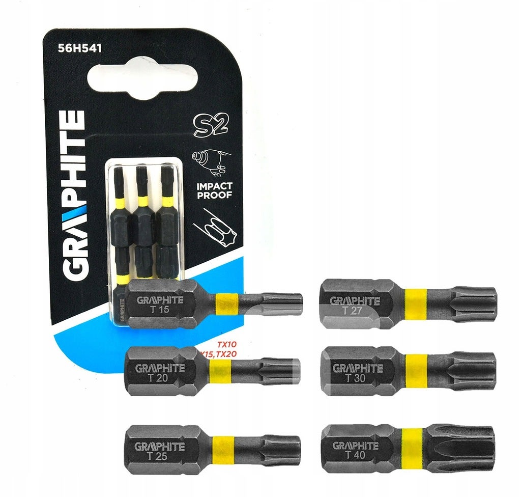 GRAPHITE BITY UDAROWE 6szt TORX TX TX10/15/20/25/30/40 DŁUGOŚĆ 25MM 56H541