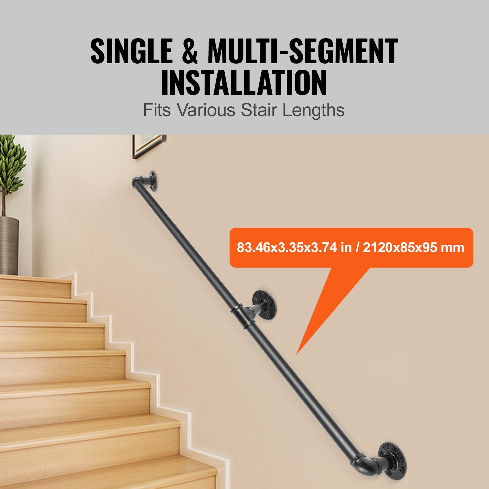 Rampe Escalier Murale VEVOR 2,12m Main Courante Acier Carbone Garde-Corps Métal Capacité Charge 200 kg/Tube Rambarde 2 Tubes 32 mm 3 Supports Muraux - 4