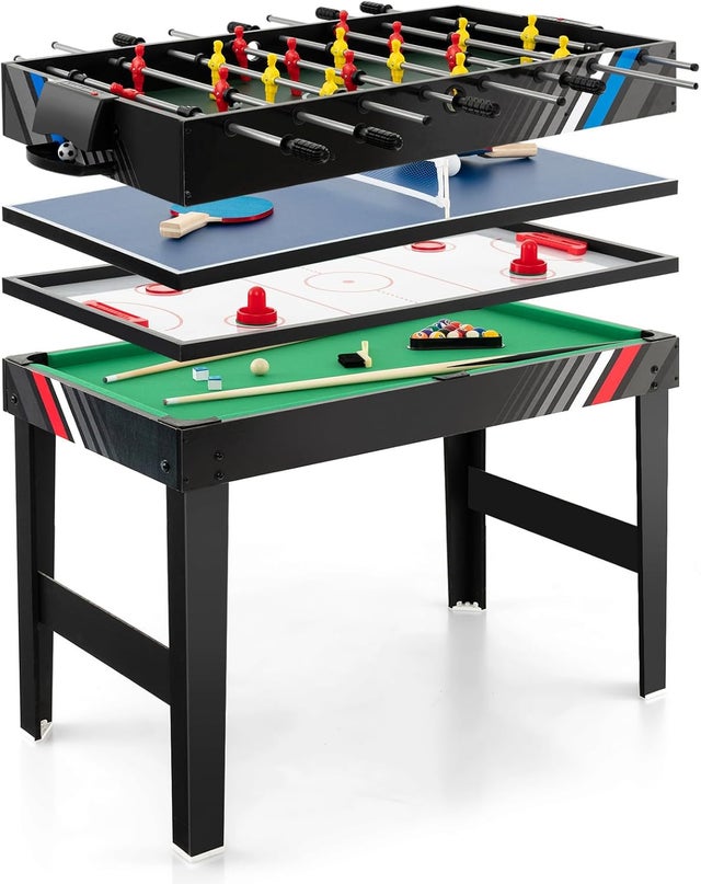 Futebol de mesa 4 em 1 com 18 jogadores, hóquei e ténis de mesa, brinquedos para festas e bar para crianças e adultos, 125 x 97 x 83 cm