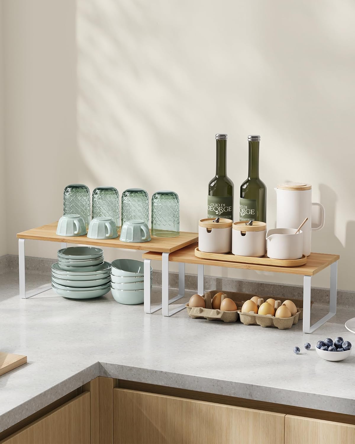 Organizadores de Cocina, Juego de 4 Estantes Apilables y Expandibles, Metal y Madera, Blanco y Beige - 2