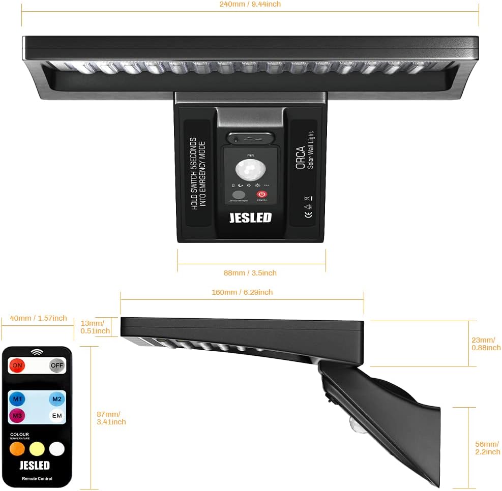 Lampe solaire de sécurité, 104 LED, détecteur de mouvement, télécommande, étanchéité IP65, 3 températures de couleur, 4 modes - 7