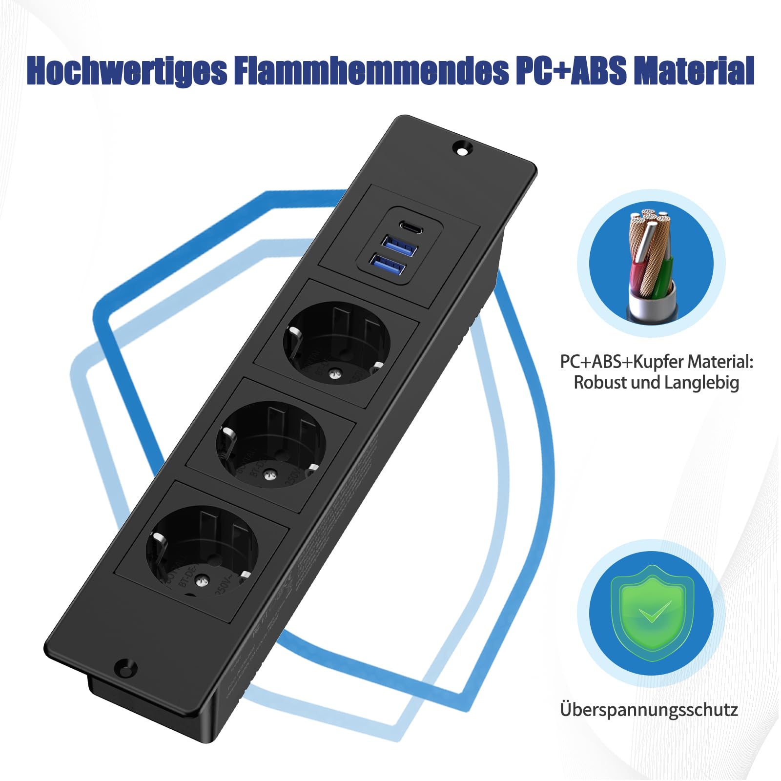 Prise encastrée de bureau avec USB-C | 3 prises secteur + 2 ports USB-A | Câble d'alimentation 2 m,Noir - 5