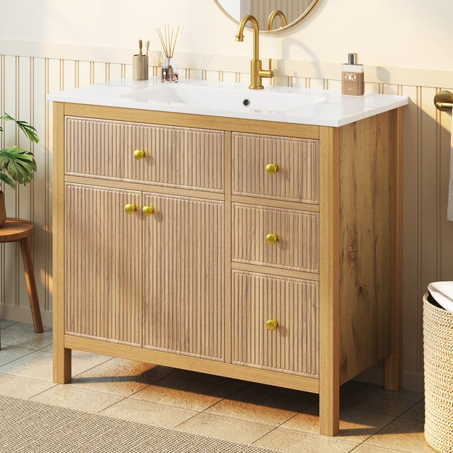 Meuble de salle de bains avec lavabo en céramique, Meuble-lavabo sur pied avec double portes et étagères, 3 tiroirs, bois naturel, 91x48x88cm