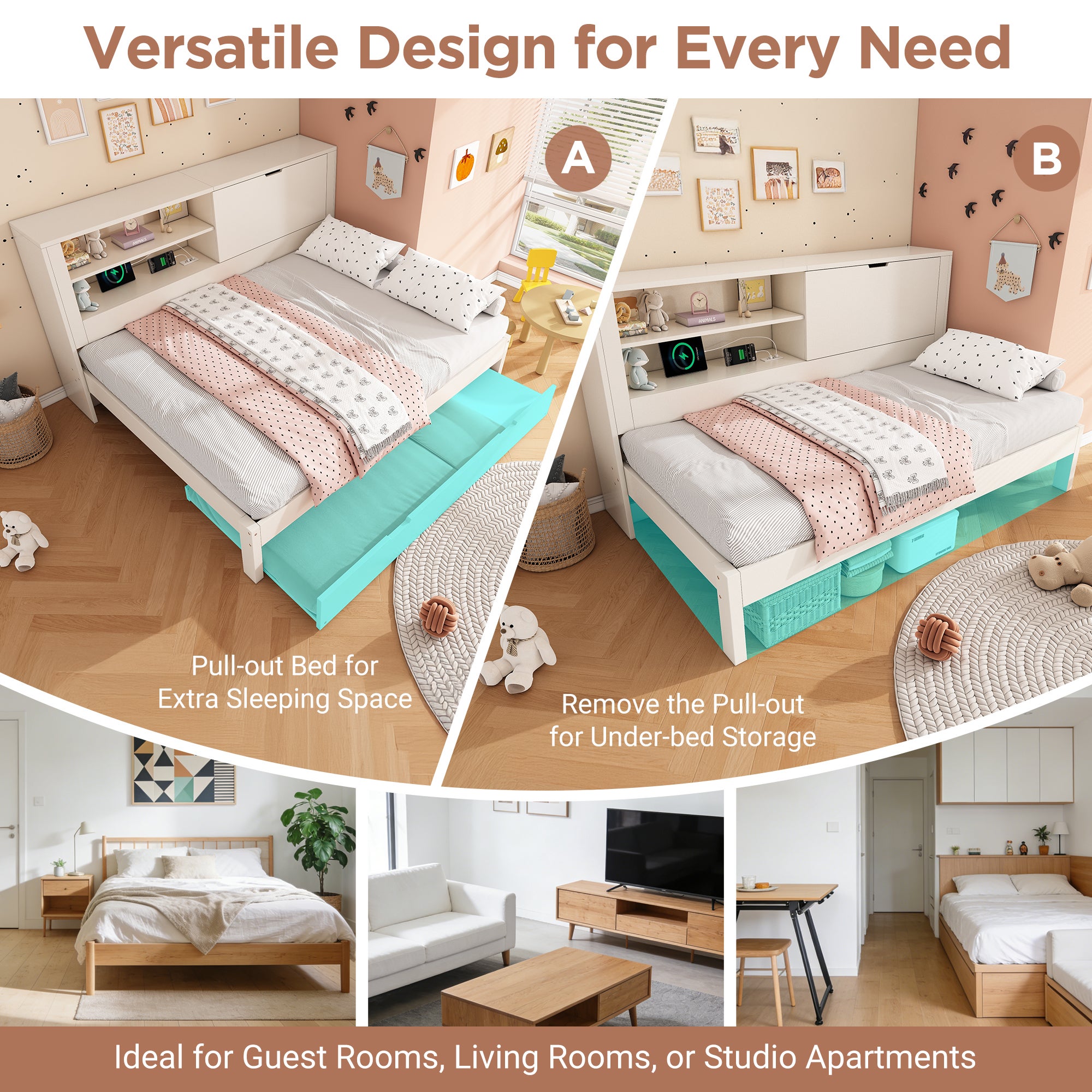 Cama Nido Infantil 90×200 + 90×190 cm con Somier de Madera y USB/USB-C, Sofá Cama con 2 Estantes y Almacenamiento Abatible - Blanco (Sin Colchón) - 4