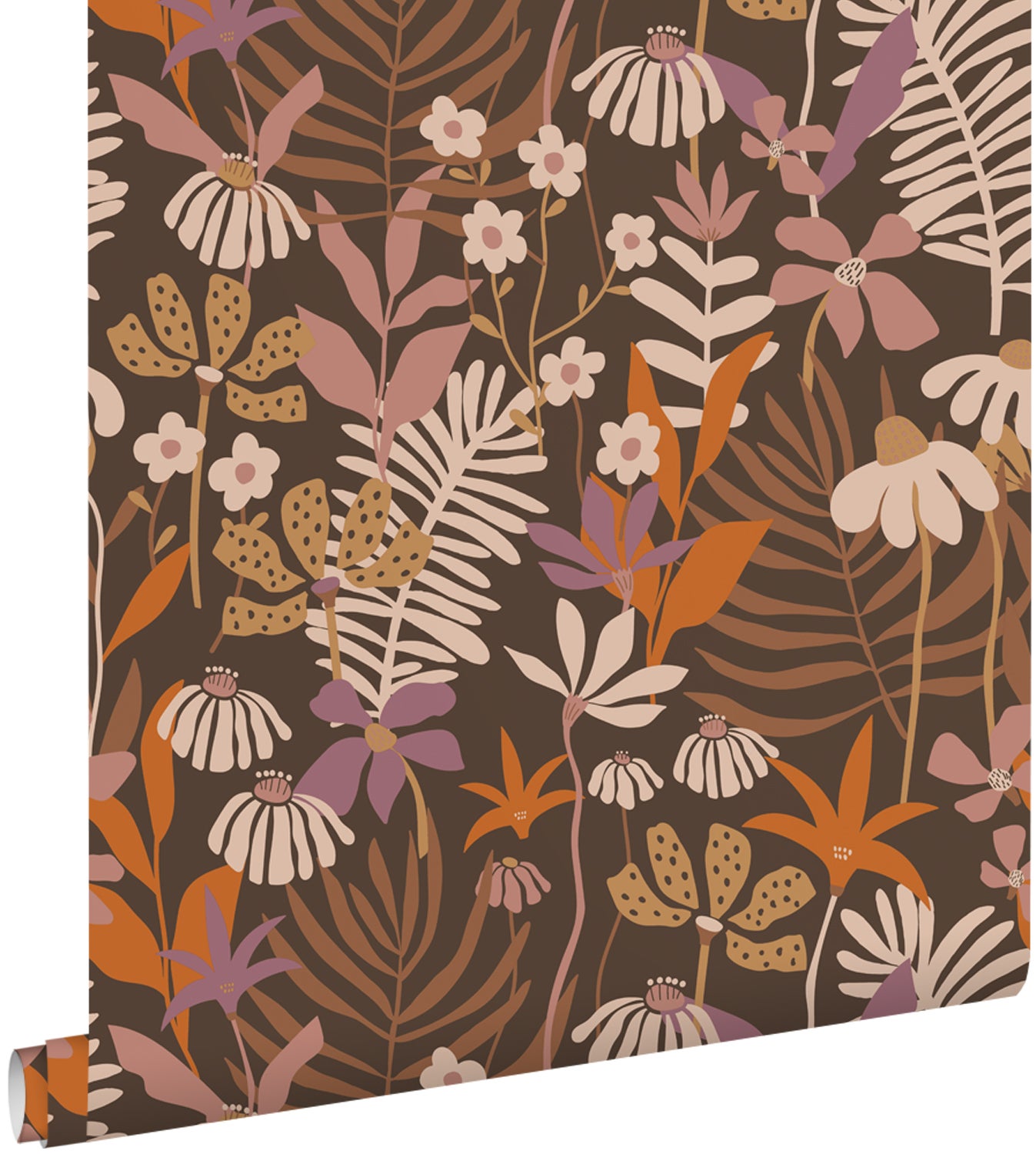 Tapeta tropikalne liście i kwiaty brązowym,fioletowymIw wielu kolorach - 50 x 900 cm - ESTAHOME