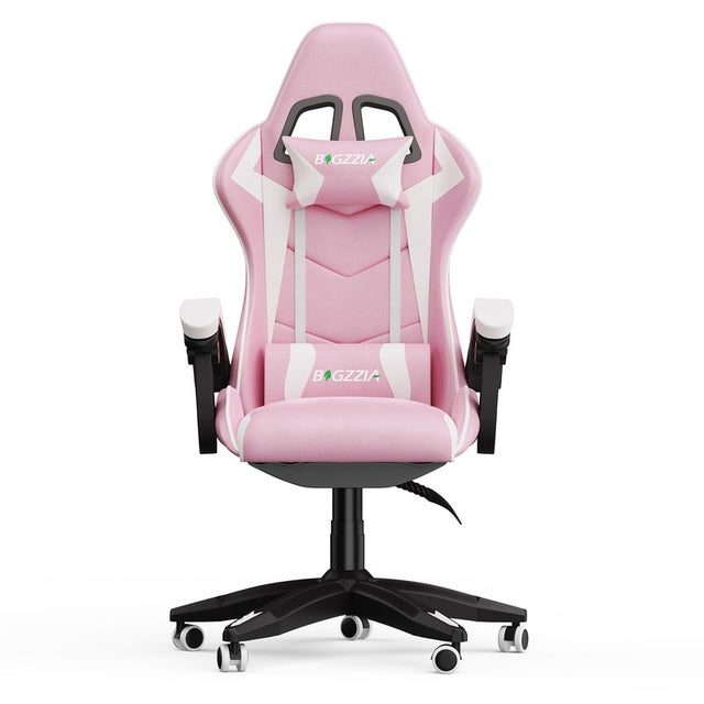 Silla de oficina, RATTANTREE Silla gaming ergonómica, altura regulable, respaldo reclinable, con reposabrazos y reposacabezas, color rosa y blanco