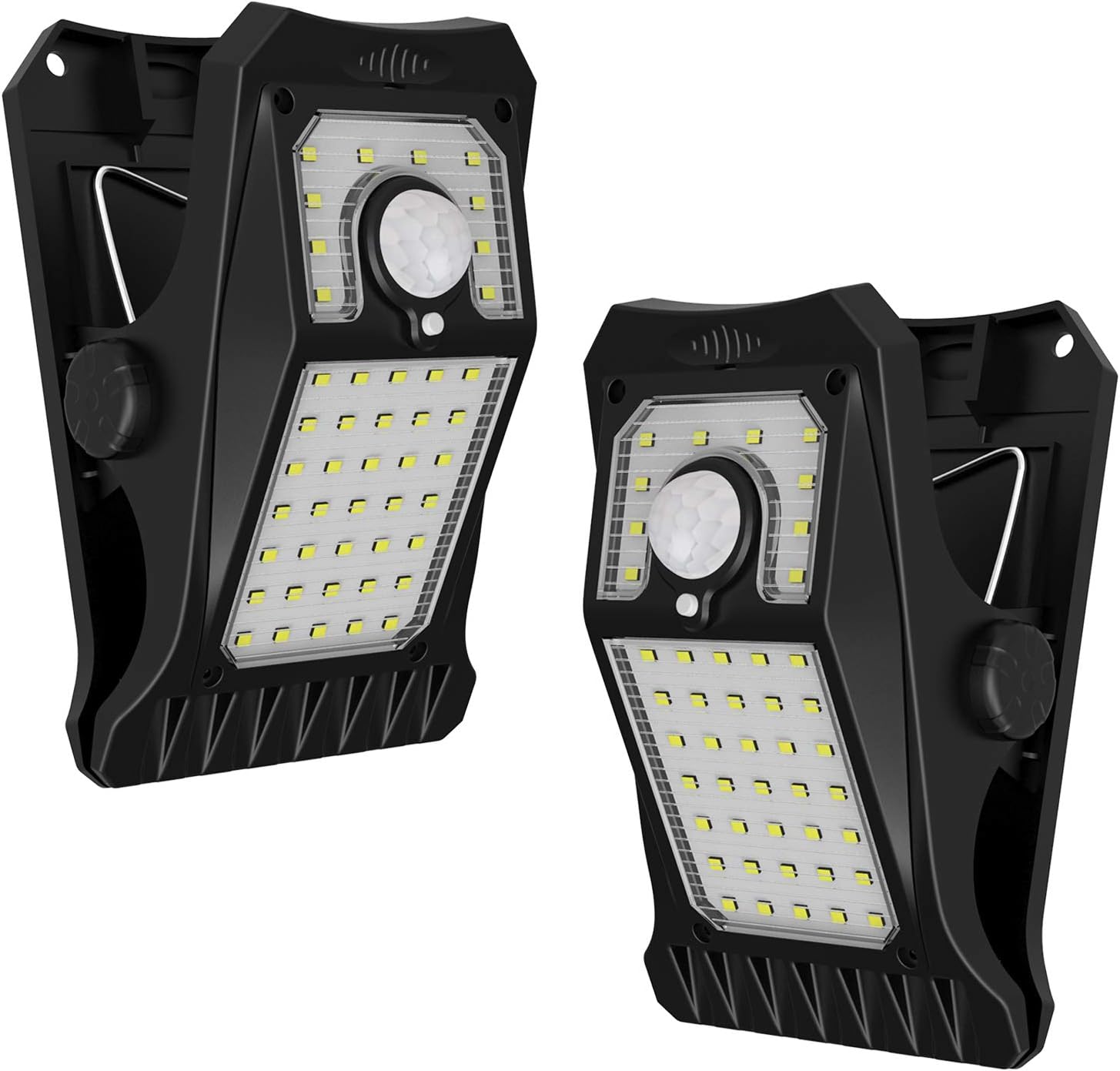 Zewnętrzna lampa solarna z 45 diodami LED i czujnikiem ruchu do przypięcia, 4 tryby, 4 metody instalacji, białe światło (pakiet 2 szt.)