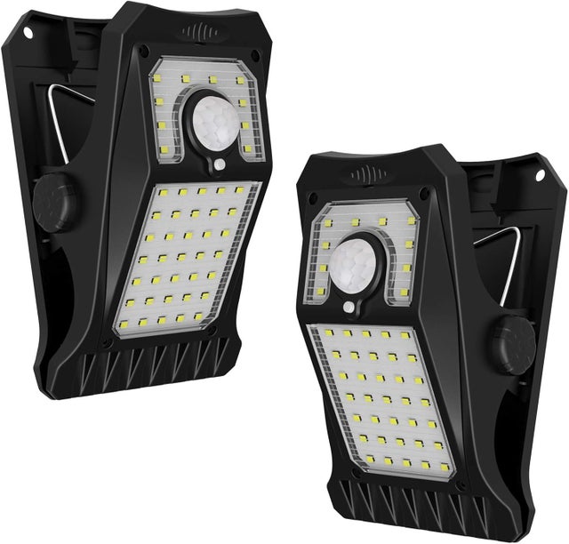 Wodoodporna, zewnętrzna lampa solarna z czujnikiem ruchu, z klipsem, 45 diodami LED i USB, zestaw 2 przenośnych lamp solarnych, ciepłe światło