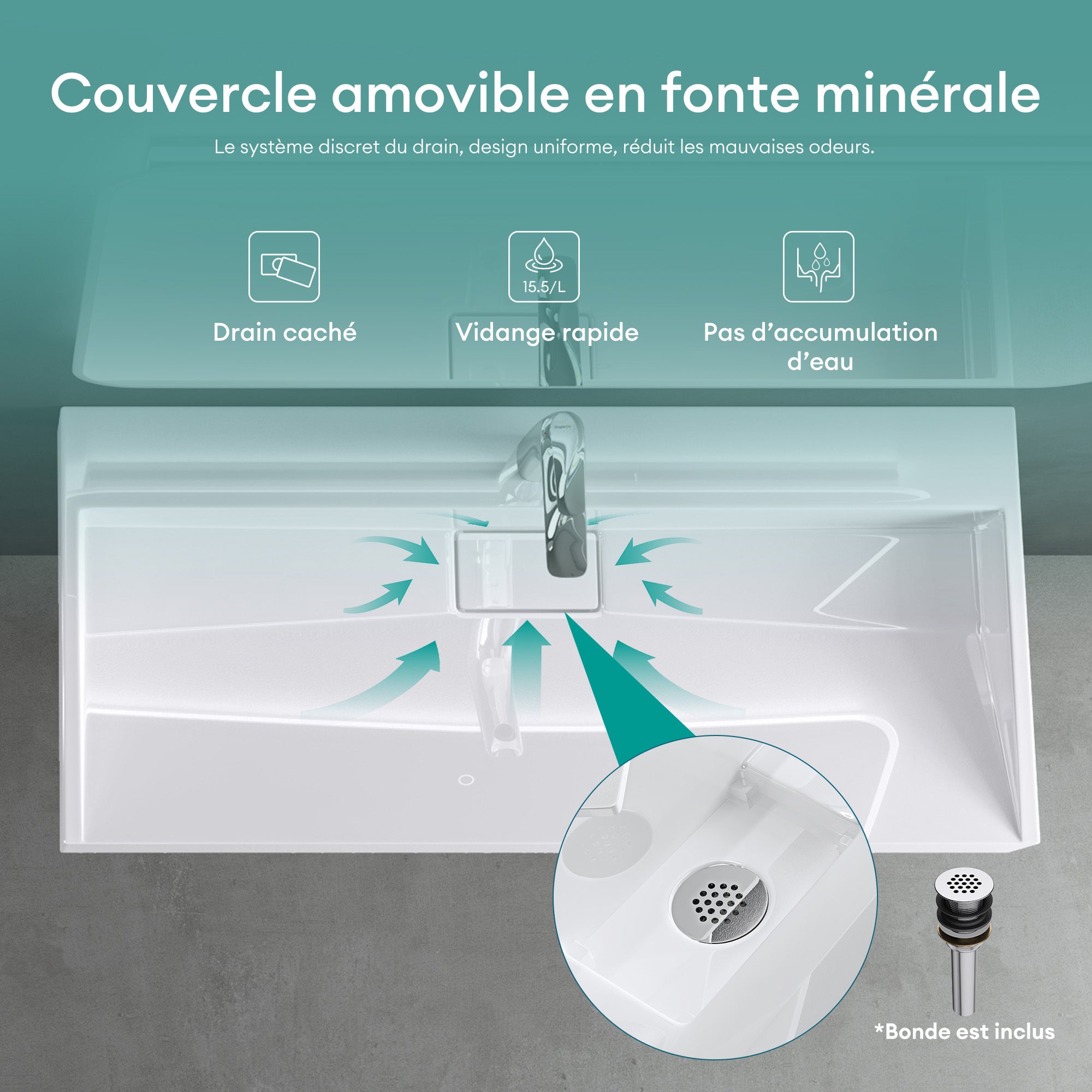 Mai & Mai Lavabo Suspendu Blanc 120x46x11cm Vasque à Poser Rectangulaire avec Perçage pour Robinet avec Bonde et Cache Bonde Col19 - 3