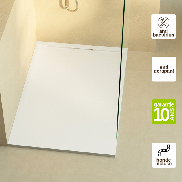 Receveur de douche 120x90 extra-plat Blanc en résine minérale antidérapant effet ardoise - Ragnar LAVABERG