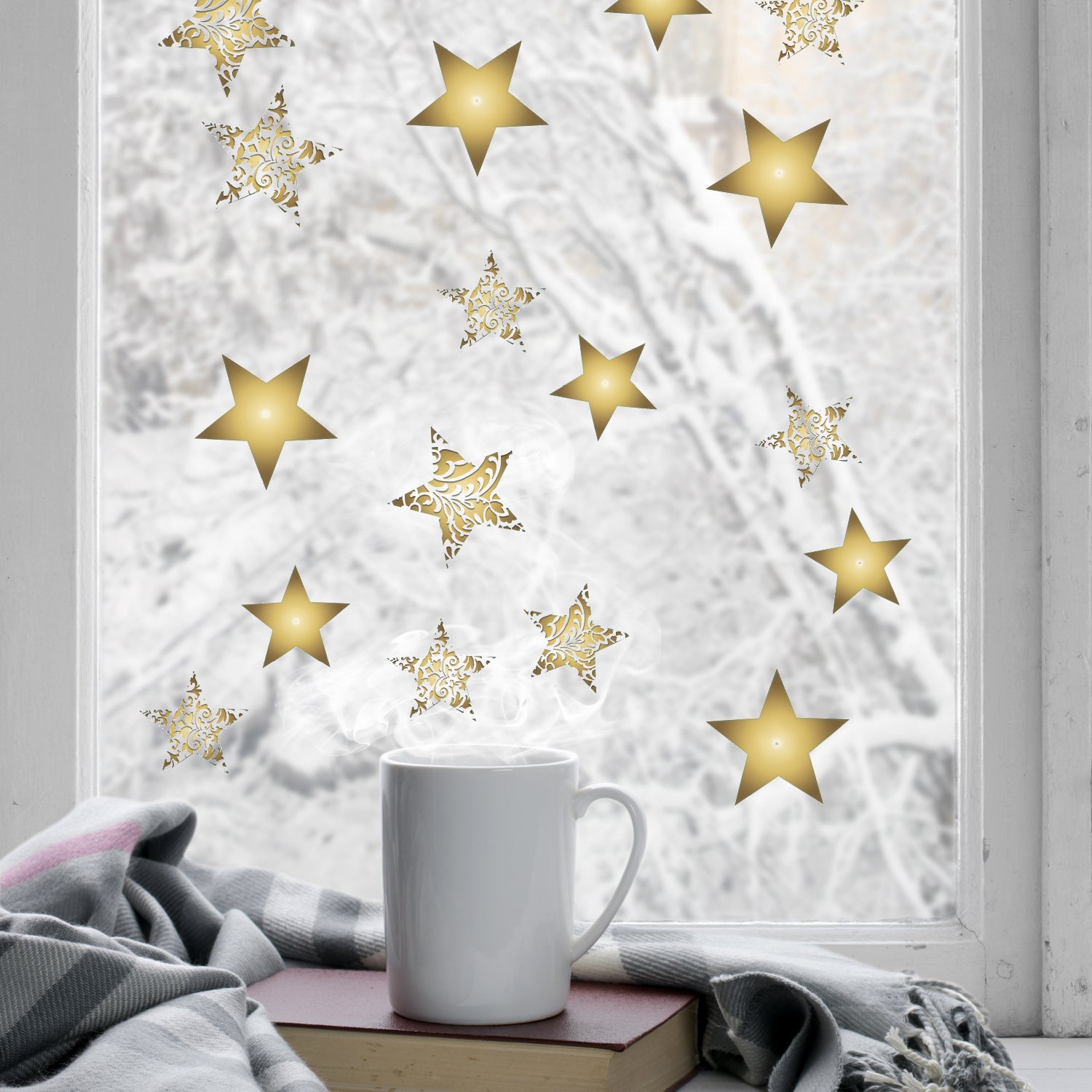 Pegatina electrostática para vidrio, ventana de decoración estrellas doradas de navidad, 21 cm x 29.7 cm