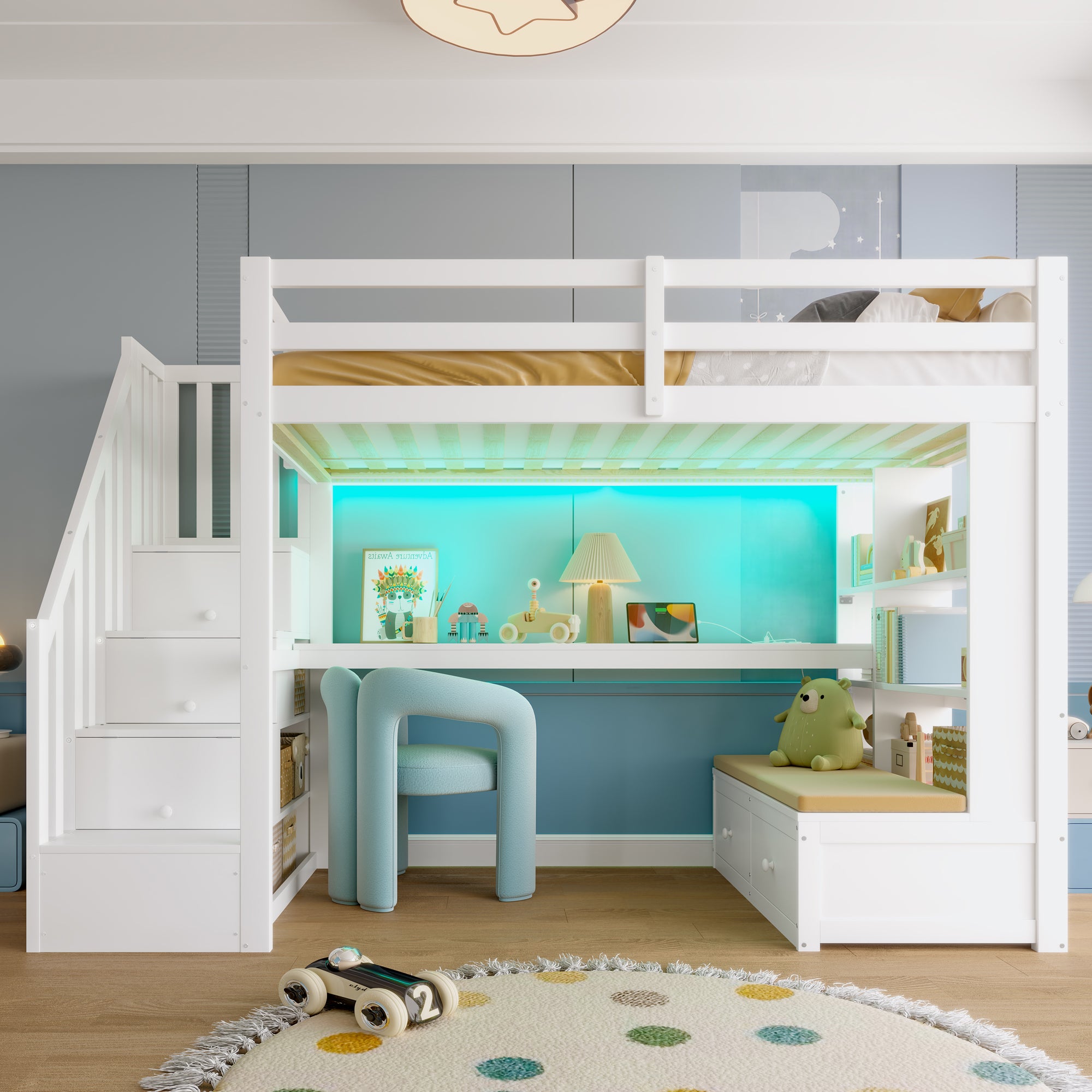 Lit Mezzanine 90x200 avec Bureau & Étagères, Lit Enfant Escalier de Rangement & 2 Tiroirs, Gain de Place Robuste pour Chambre, Épuré - Blanc - 2
