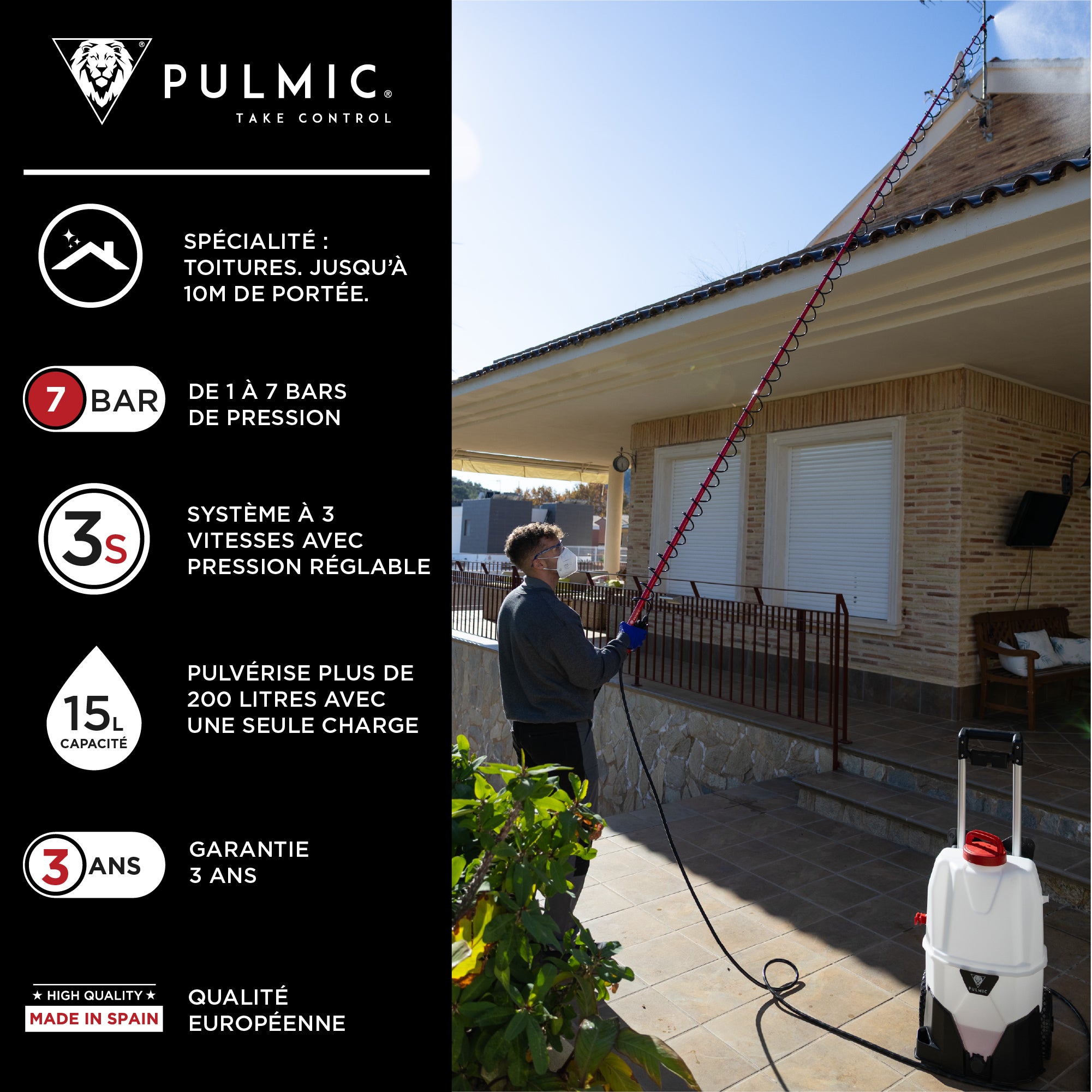PULMIC Pulvérisateur Électrique Professionnel 35L pour Nettoyage de Toitures, Façades, Démoussage et Applications en Hauteur, Projette à 10m - 8