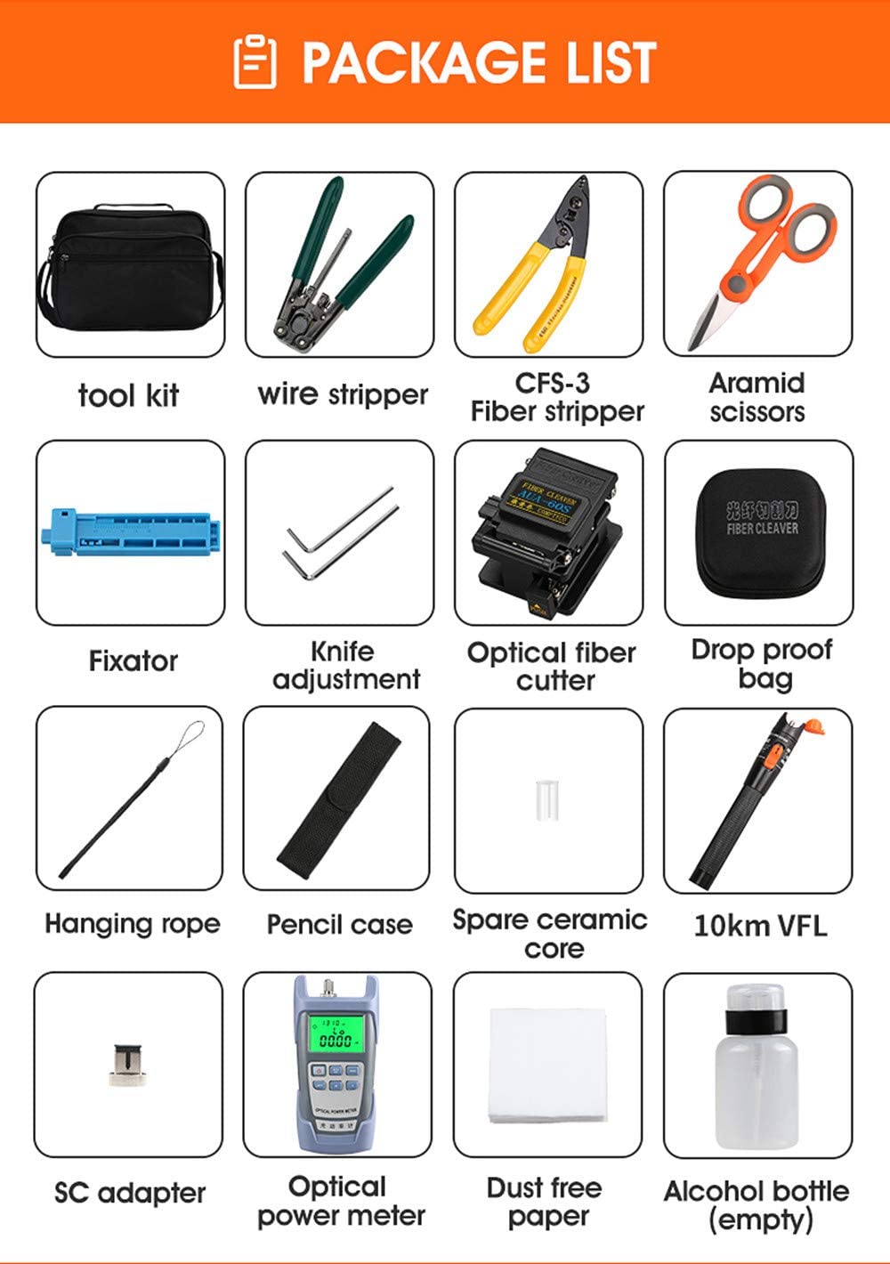 GOECO 16pcs/kit Outils à Fibre FTTH avec Photomètre Fibre Optique, Cliveuse Fibre Optique AUA-60S, Localisateur visuel de défauts 10 km - 4