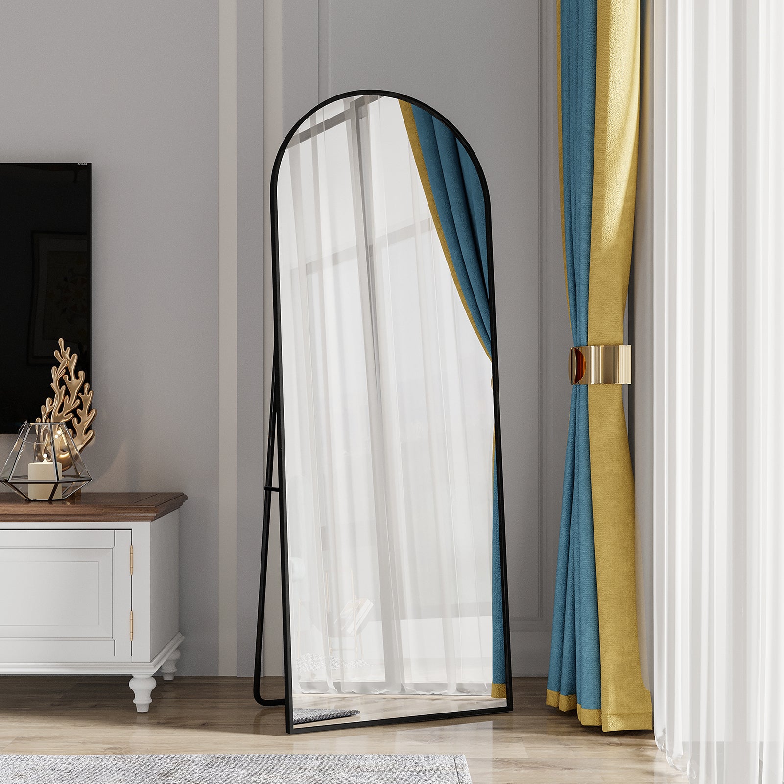 Espelho de Chão 162x53cm, Espelho Corpo Inteiro Arqueado com Moldura de Alumínio, Espelho de Parede com Suporte para Quarto, Sala e Closet, Preto - 4