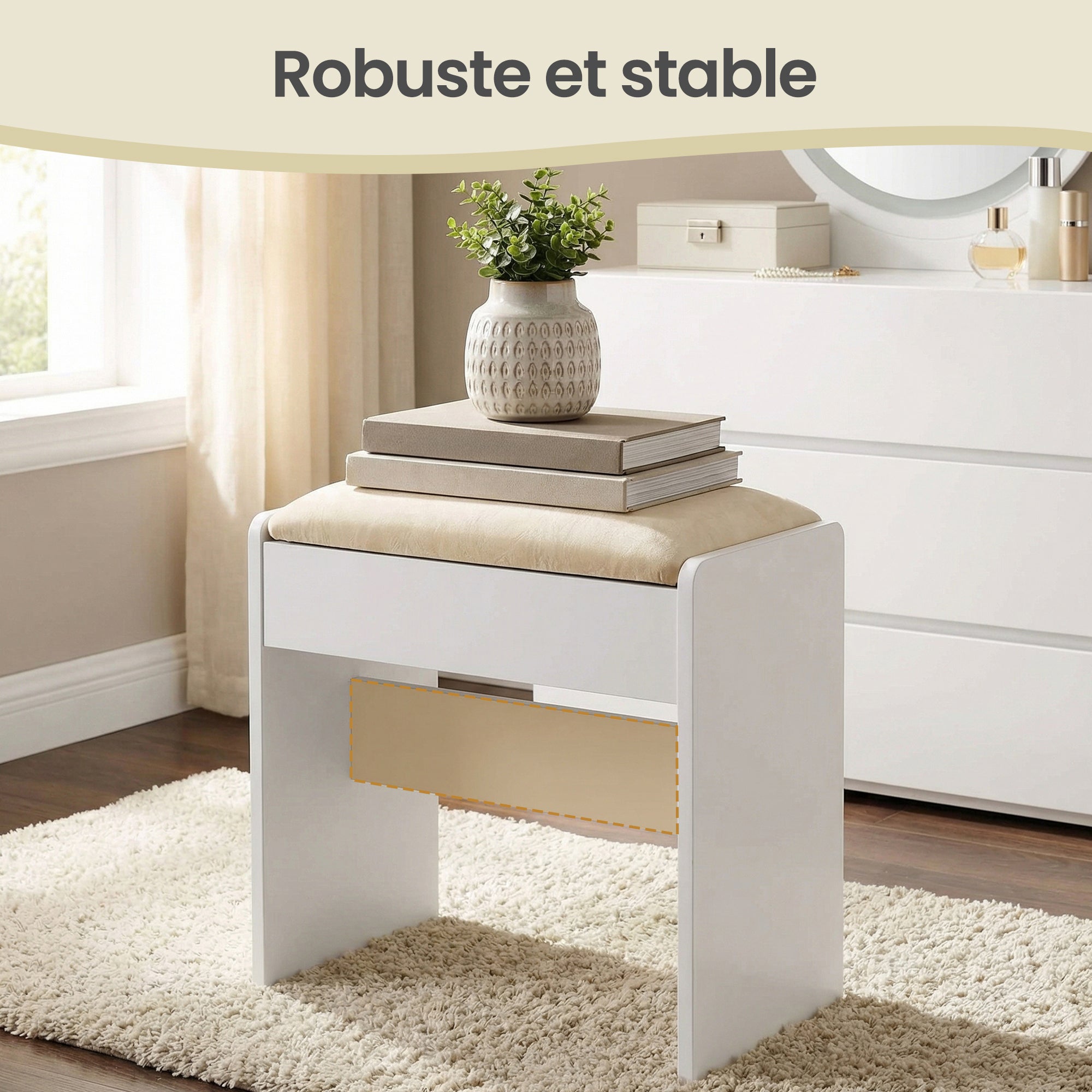 Tabouret de Maquillage en Velours, Rembourré, Style Moderne, pour Chambre, Entrée, Repose-pieds, Blanc et Crème - 7