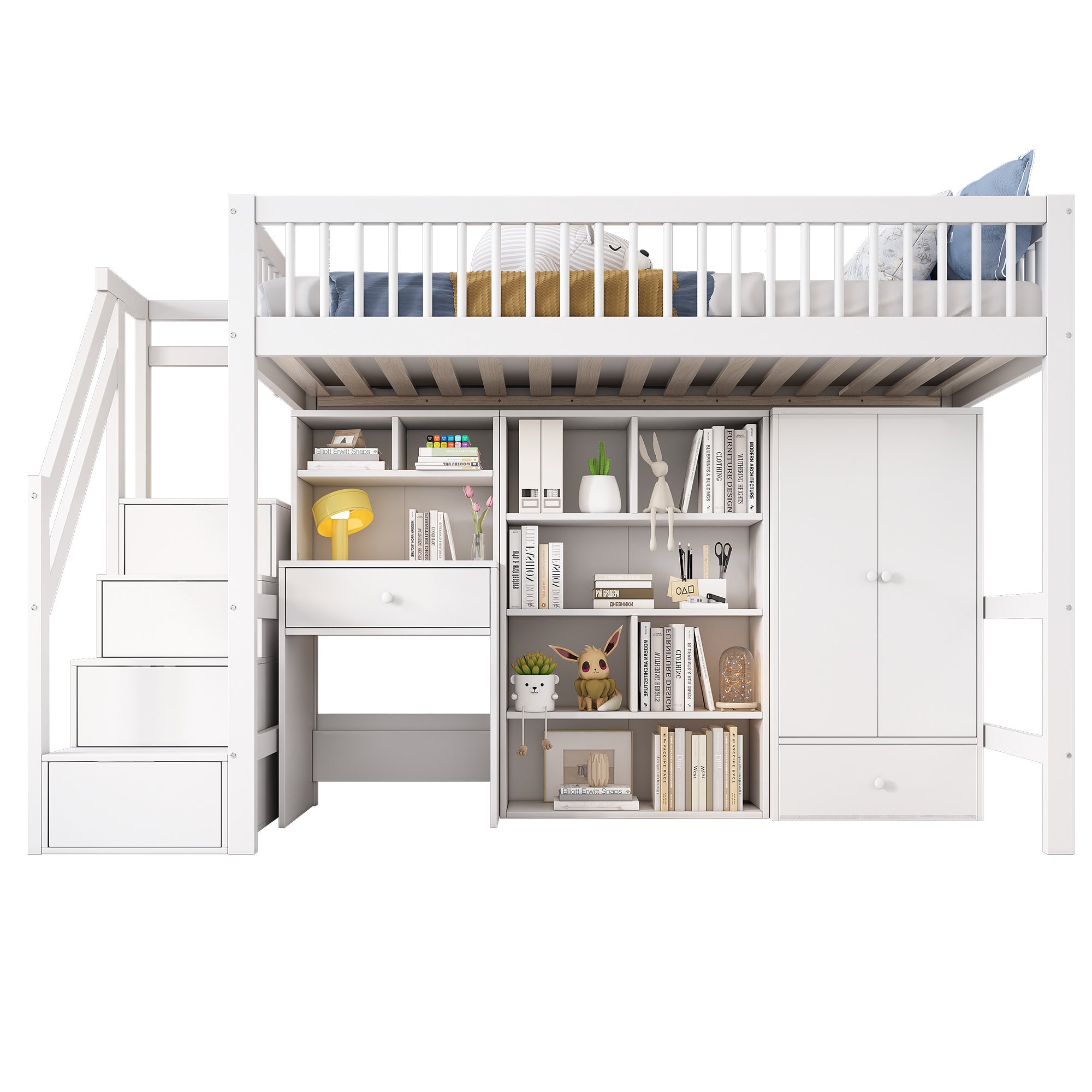Letto per bambini 90 x 200, letto singolo, con scrivania, scale, armadietti e guardaroba, senza materasso, legno massello e MDF, bianco - 8