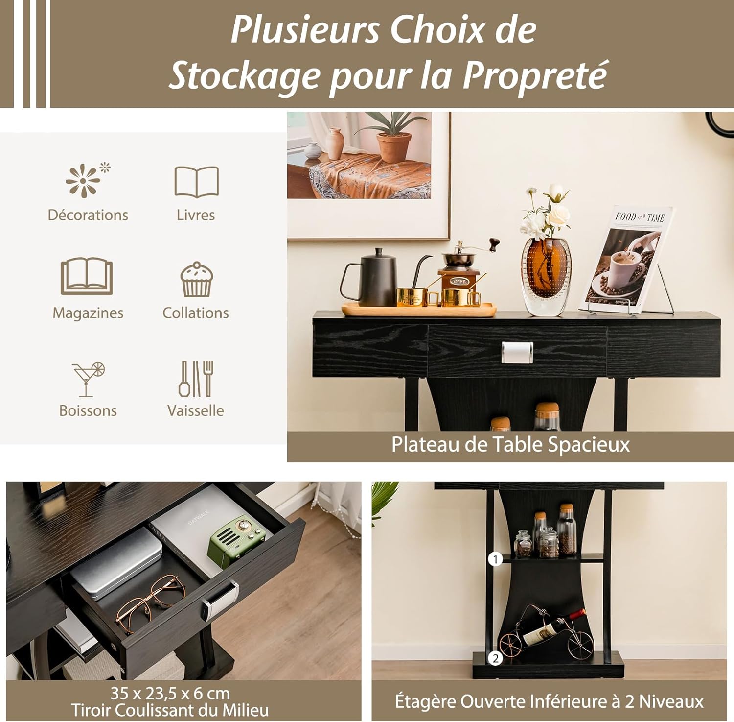 Tavolo Consolle in Legno, Tavolo Ingresso con Cassetti, Ripiani e 2 Kit Anti-ribaltamento, Tavolo Multiuso e Salvaspazio per Salotto, Camera d - 3