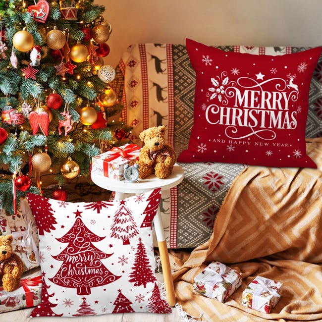 Housses De Coussin De Noël - Lot De 4, Motifs Festifs En Lin Et Polyester - 45x45 Cm
