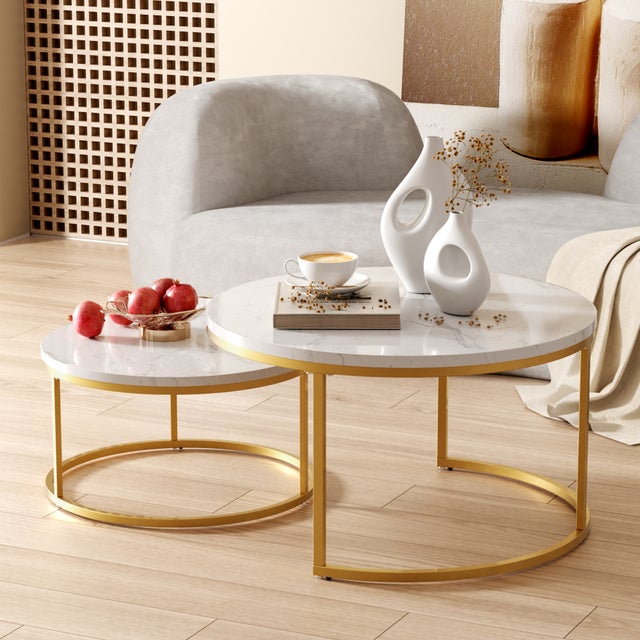 Lot de 2 tables basses rondes, table gigogne avec cadre en métal doré, motif de marbre, en MDF, blanche et or