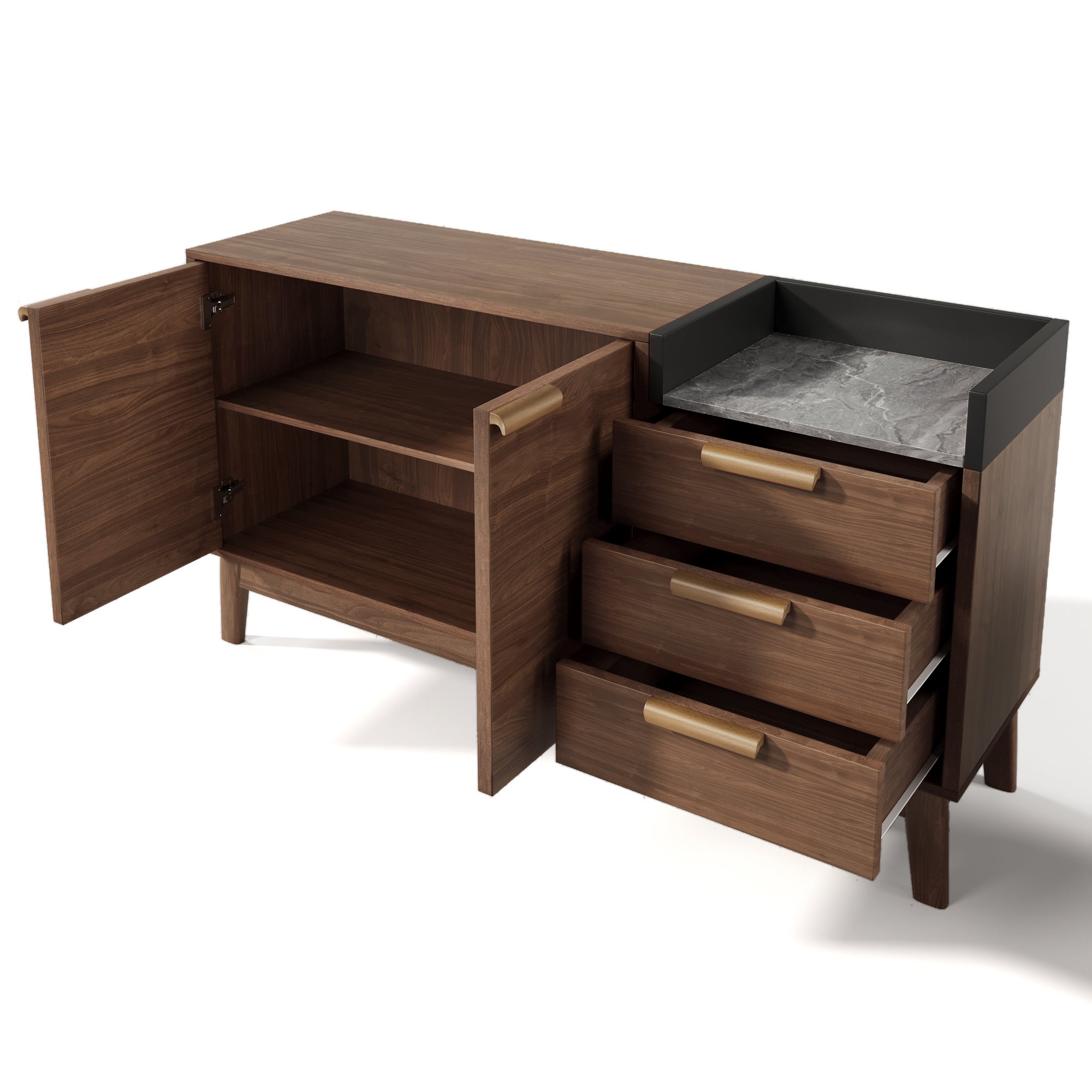 Komoda z 2 drzwiami, 3 szufladami i blatem imitującym marmur - 120 x 40 x 77 cm - MDF + lite drewno - Ciemny dąb - 9