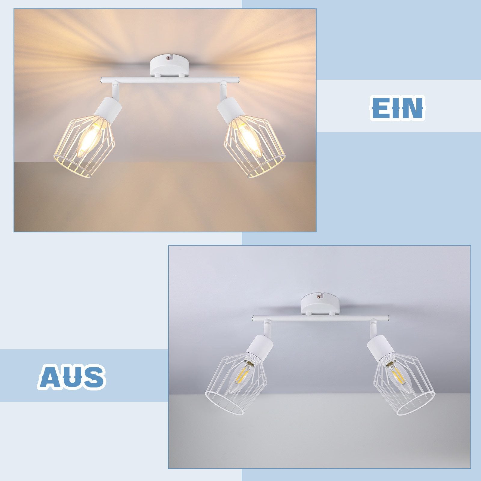 NETTLIFE Foco de Techo，2 luces E14 - Metal, Lámpara de Pasillo Industrial Giratoria 350°, Aplique de Pared para Pasillo y Sala de Estar, Blanco - 6