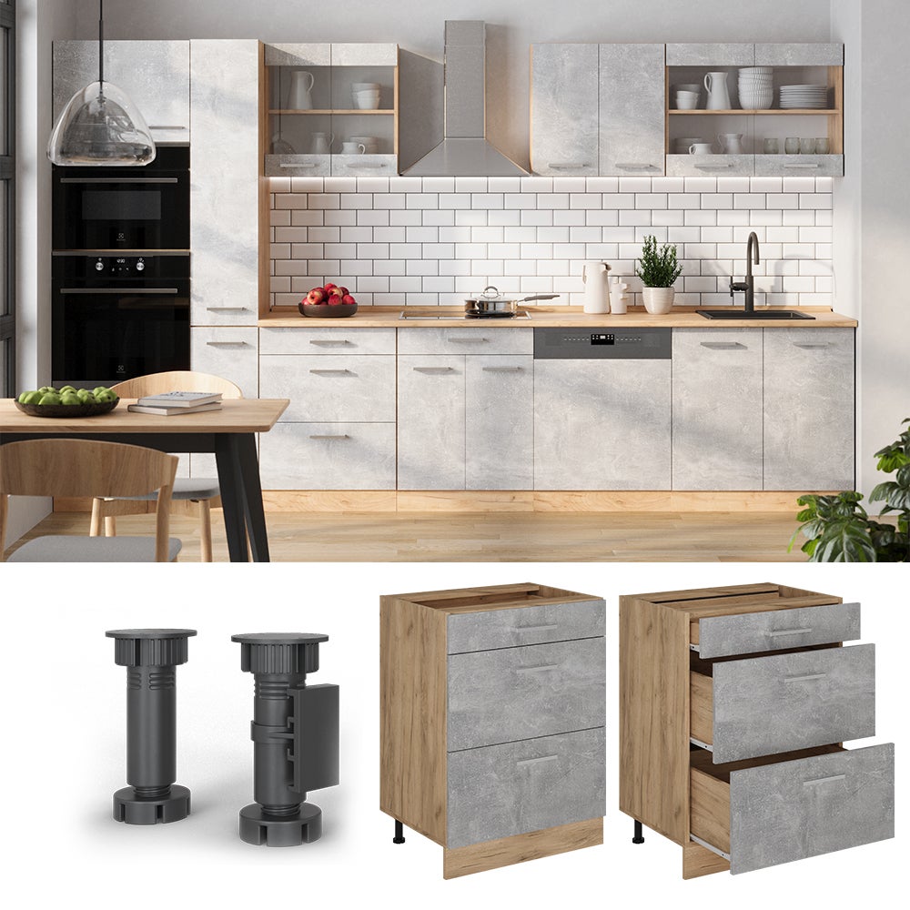 Vicco Meuble cuisine R-Line, Béton, 60cm avec tiroirs, sans PT - 3