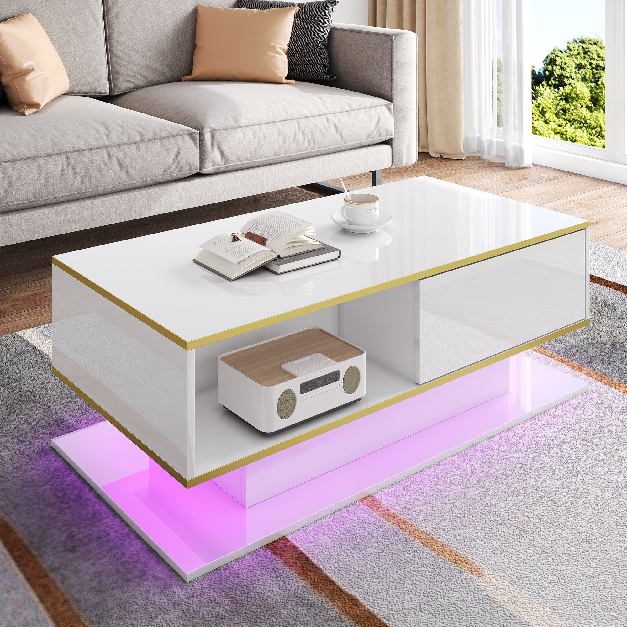 Nowoczesny stolik kawowy z połyskiem 100 x 50 x 40 cm - Oświetlenie LED - 3 szuflady i otwarte półki - Złote wykończenia - Biało-złoty - 3