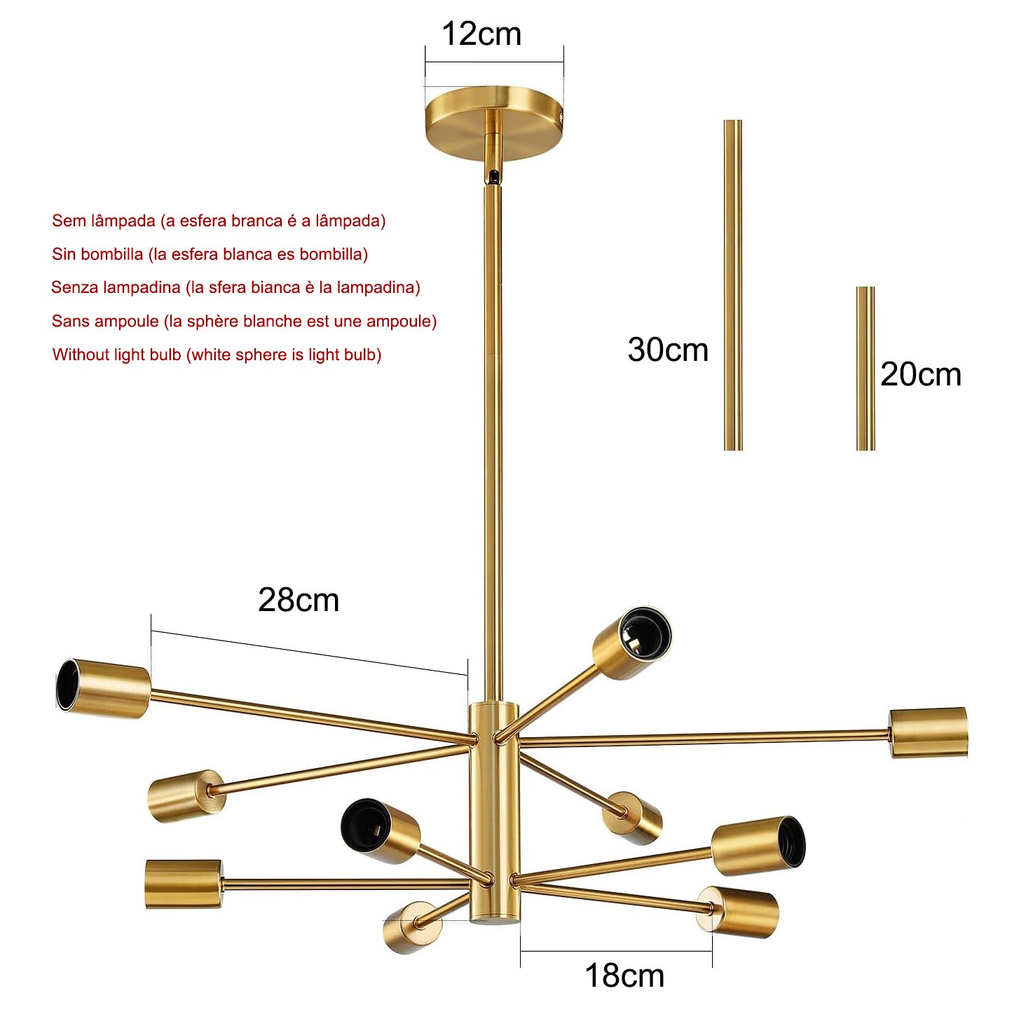 Żyrandol Sputnik, lampa wisząca 10-punktowa, styl retro industrialny, nowoczesny żyrandol (bez białej żarówki) - 4
