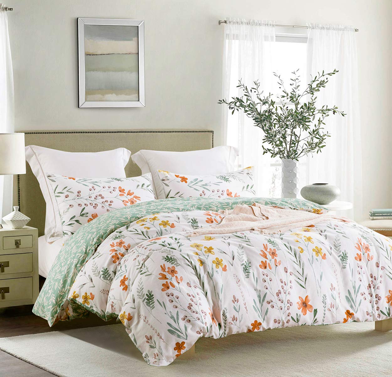 SLEEPBELLA Set copripiumino king size, 600 fili, in cotone, 3 pezzi, con fiori gialli e rami verdi, stampati su sfondo bianco, reversibile - 2