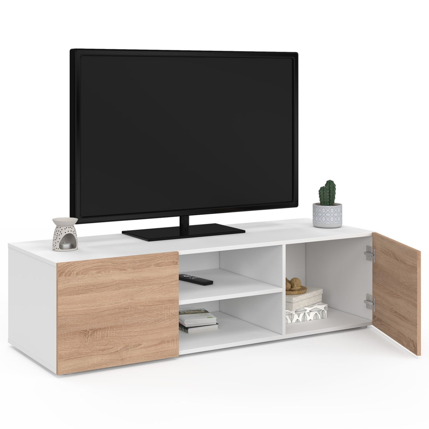 Meuble TV 113 cm ELI blanc portes façon hêtre - 4