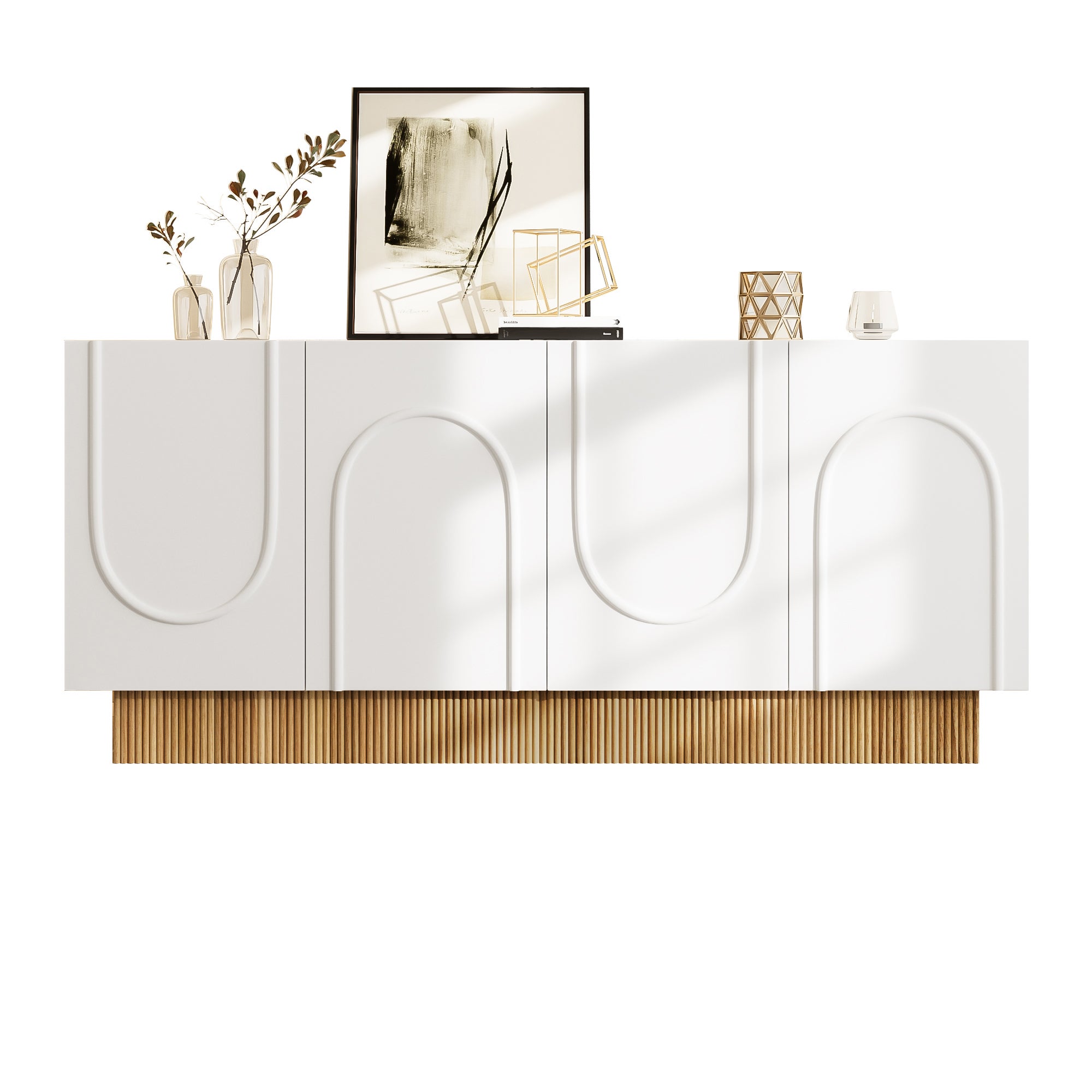 Buffet moderne avec 4 portes - 160 x 75 x 38 cm - Panneau de particules - pour salon, salle à manger - Blanc et bois - 2