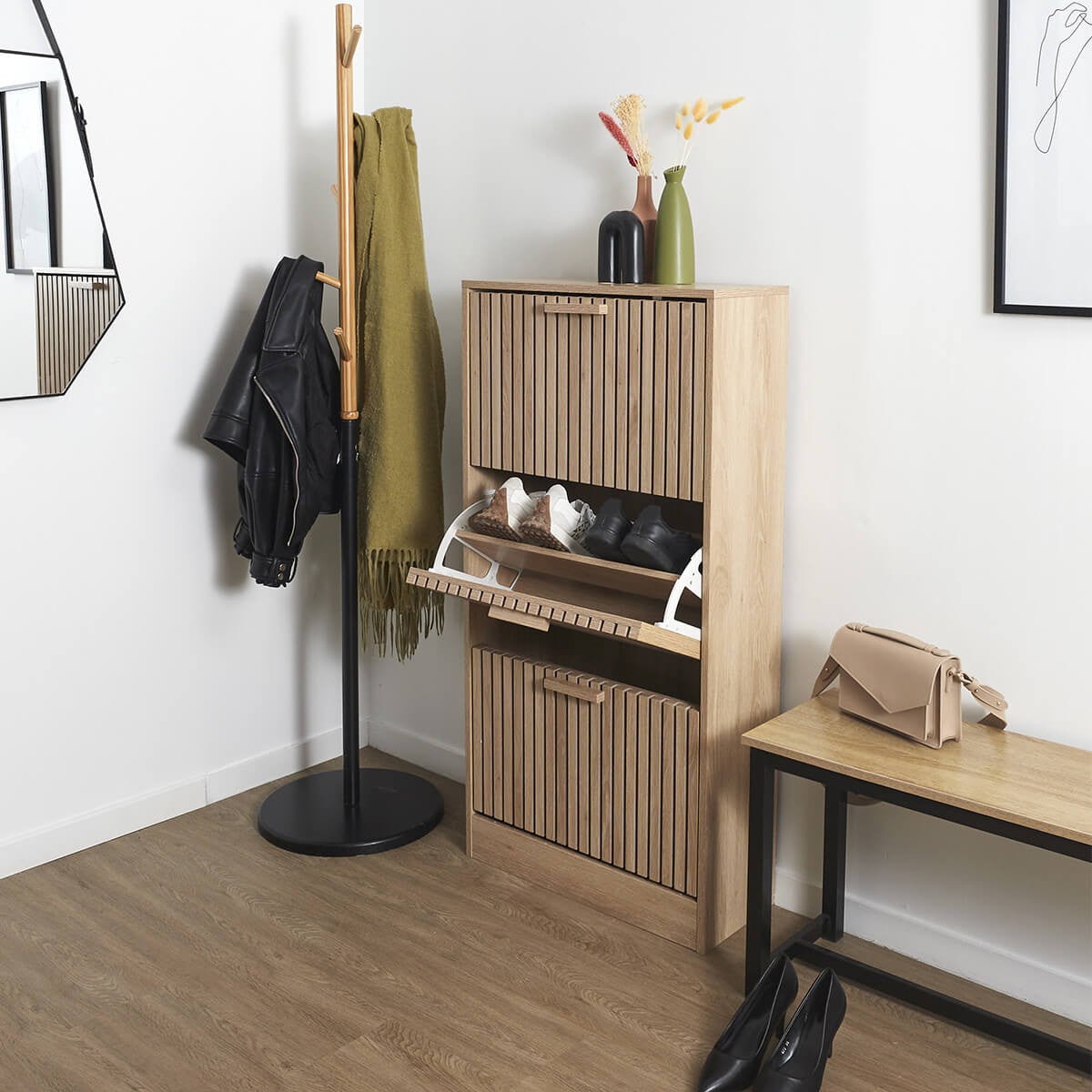 PAJAN - Meuble à Chaussures 3 Portes Basculantes Effet Bois avec Tasseaux - 4