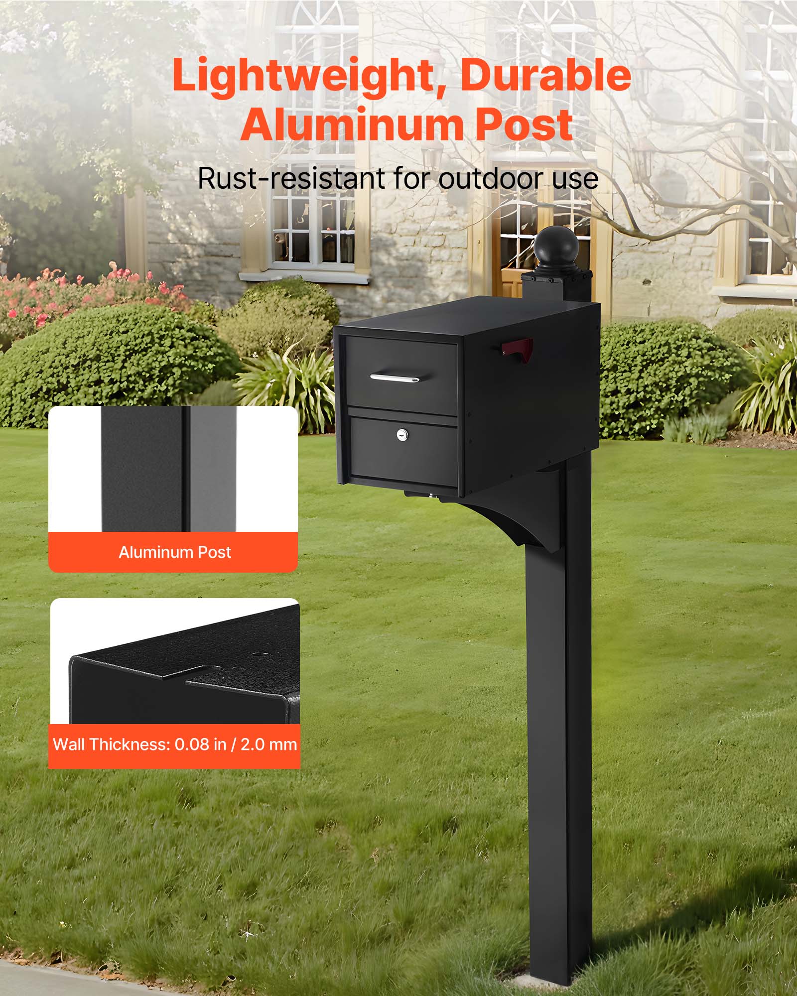 Poteau boîte aux lettres VEVOR 143x54x15 cm, aluminium revêtu poudre avec plaque universelle, support métal pour usage extérieur résidentiel, noir - 4