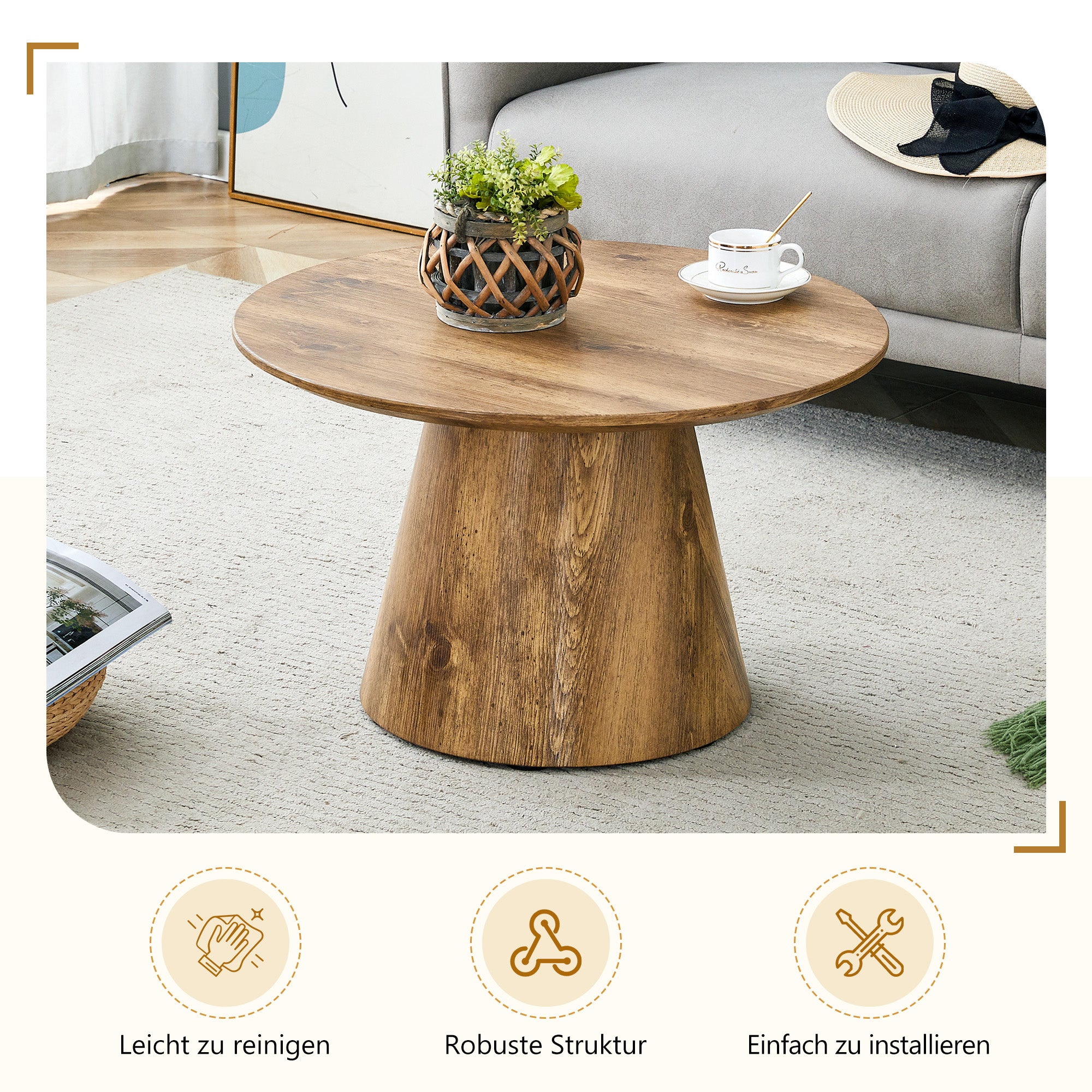 Table basse ronde bois naturel (MDF) – 60 cm x 35 cm, Avec film décoratif bois haut de gamme – table d'appoint bout de canapé,Grain Naturel Noyer - 5