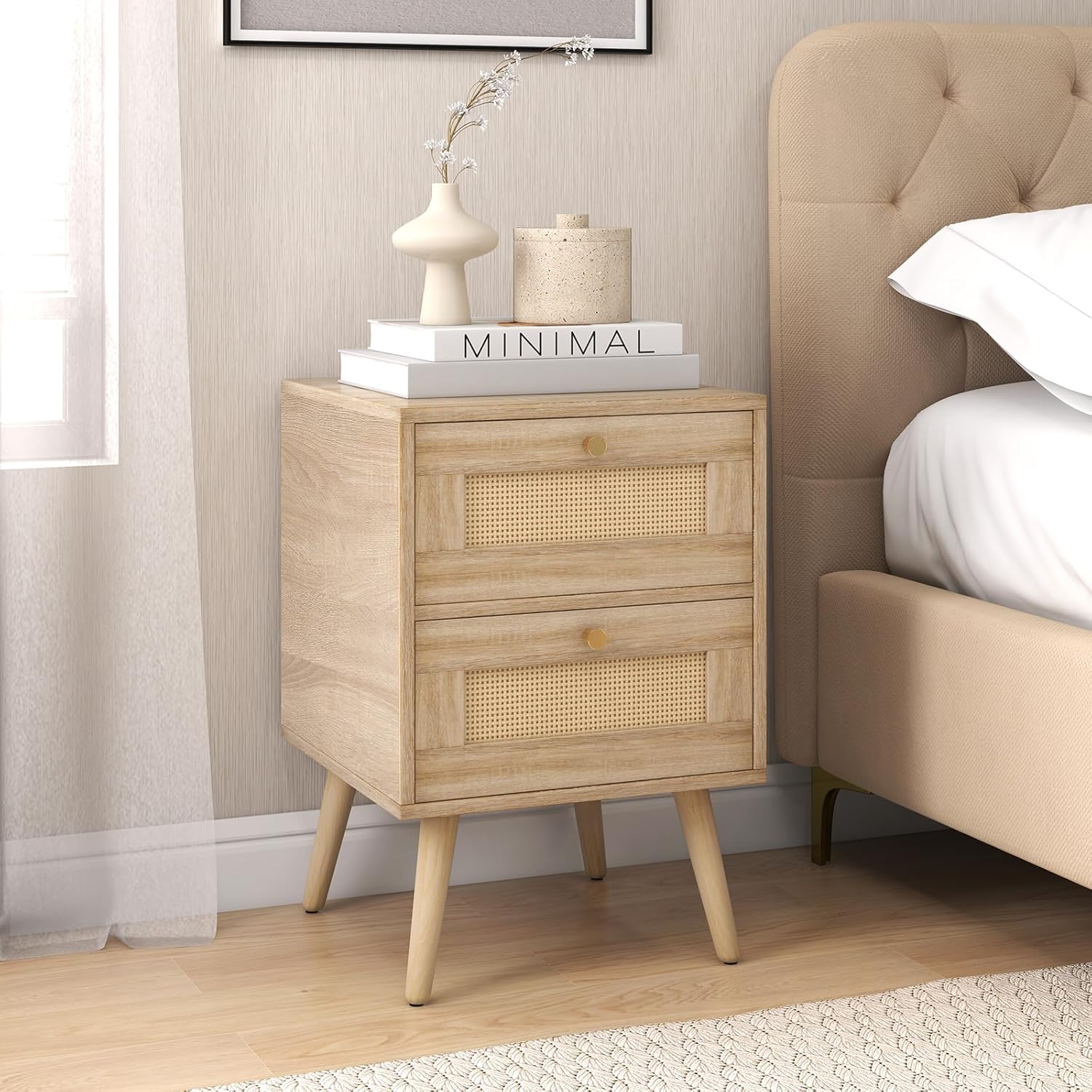 Comodino in Rattan con 2 Cassetti, Tavolini Laterali Moderni con Gambe in Legno Massello, per Soggiorno e Camera da Letto, 40 x 40 x 59 cm (1) - 8