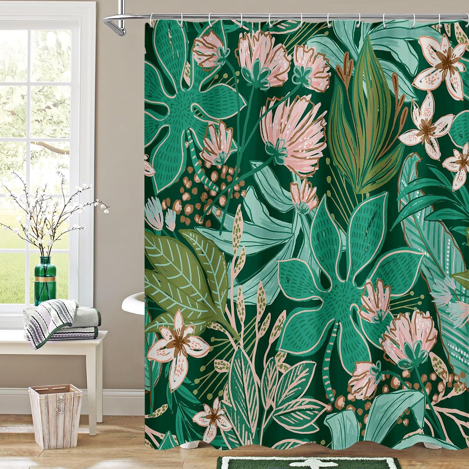 Bardzo długa, kwiatowa, boho zasłona prysznicowa, 180 x 200 cm, dekoracja i udekorowanie.