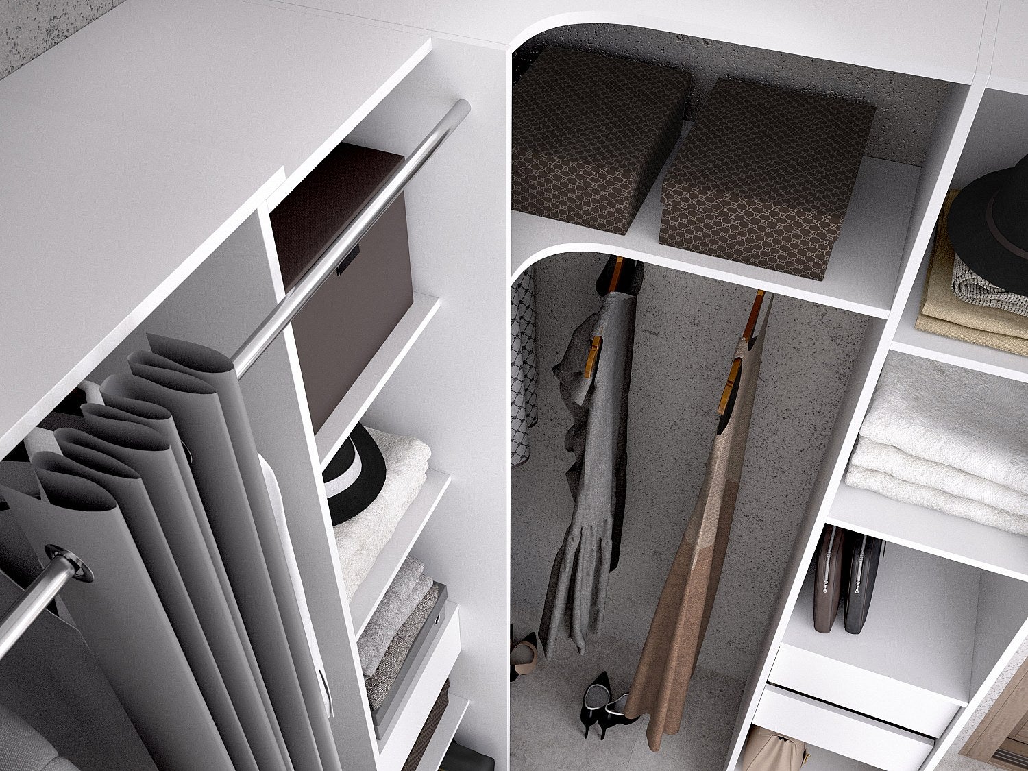 Dressing d'angle avec rideau et 1 porte - Avec miroir - L231 cm - Blanc et gris - BERTRAND - 4