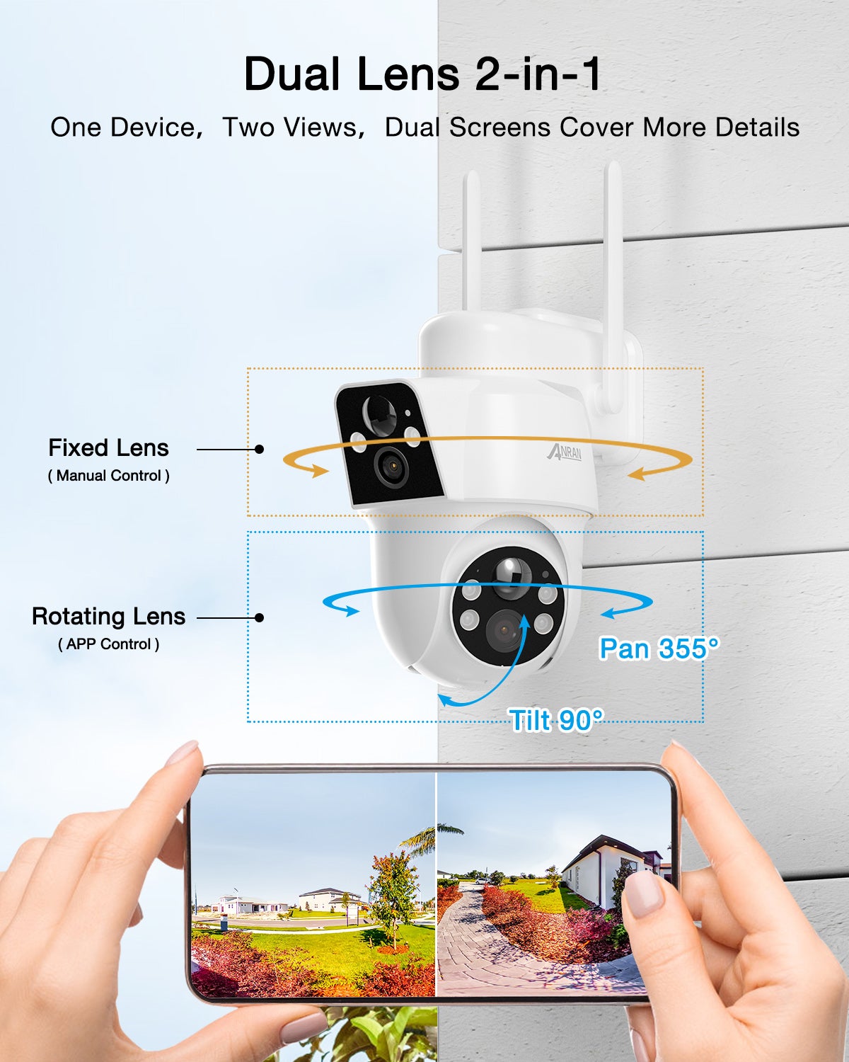 Caméra Surveillance 4K(2K+2K) WiFi Extérieure sans Fil Solaire , Double Objectif Double PIR, 360° Solaire Caméra, Vision Nocturne Couleur,ANRAN - 6