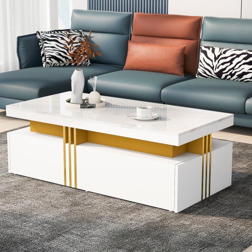 Table basse rectangulaire 100x50x40 cm avec 2 tiroirs, espace de rangement, en MDF, blanche - 5
